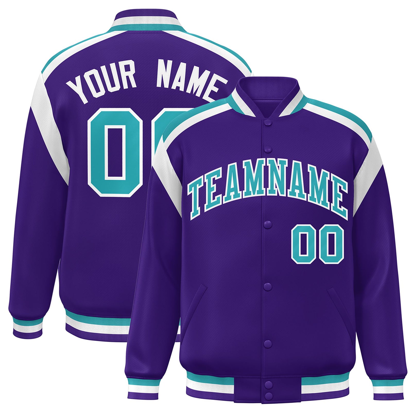 Custom Purple Aqua-White Bomber Full-Snap Varsity Letterman Shoulder Stripe Jacket