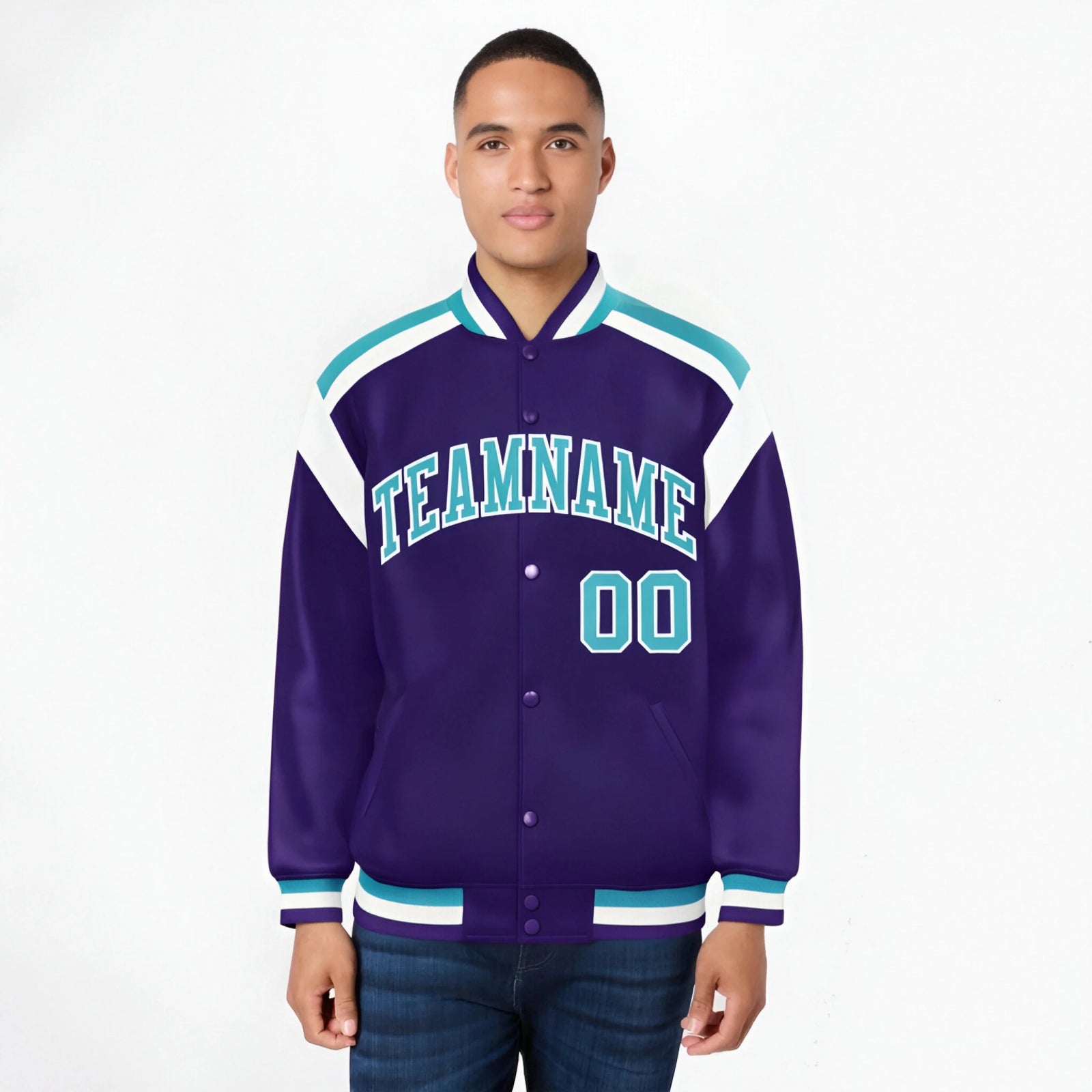 Custom Purple Aqua-White Bomber Full-Snap Varsity Letterman Shoulder Stripe Jacket