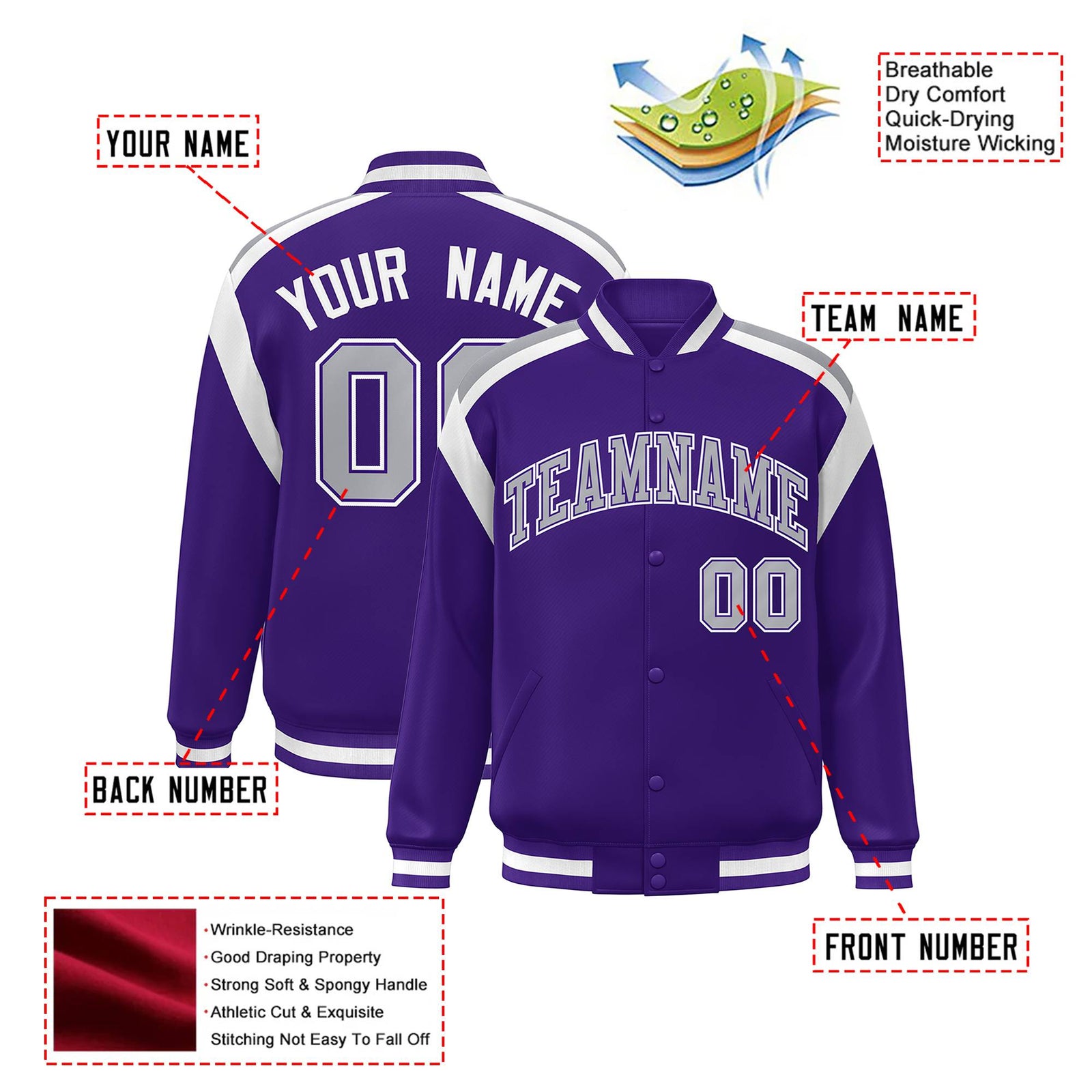 Custom Purple Gray-White Bomber Full-Snap Varsity Letterman Shoulder Stripe Jacket