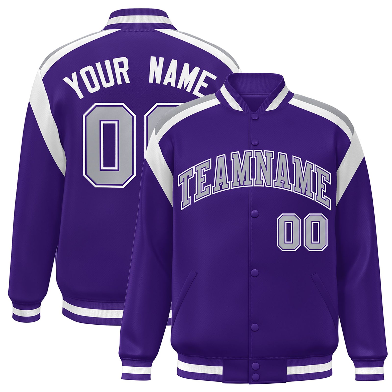 Custom Purple Gray-White Bomber Full-Snap Varsity Letterman Shoulder Stripe Jacket