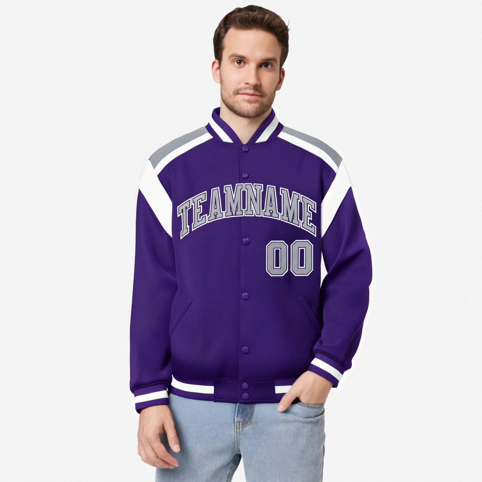Custom Purple Gray-White Bomber Full-Snap Varsity Letterman Shoulder Stripe Jacket