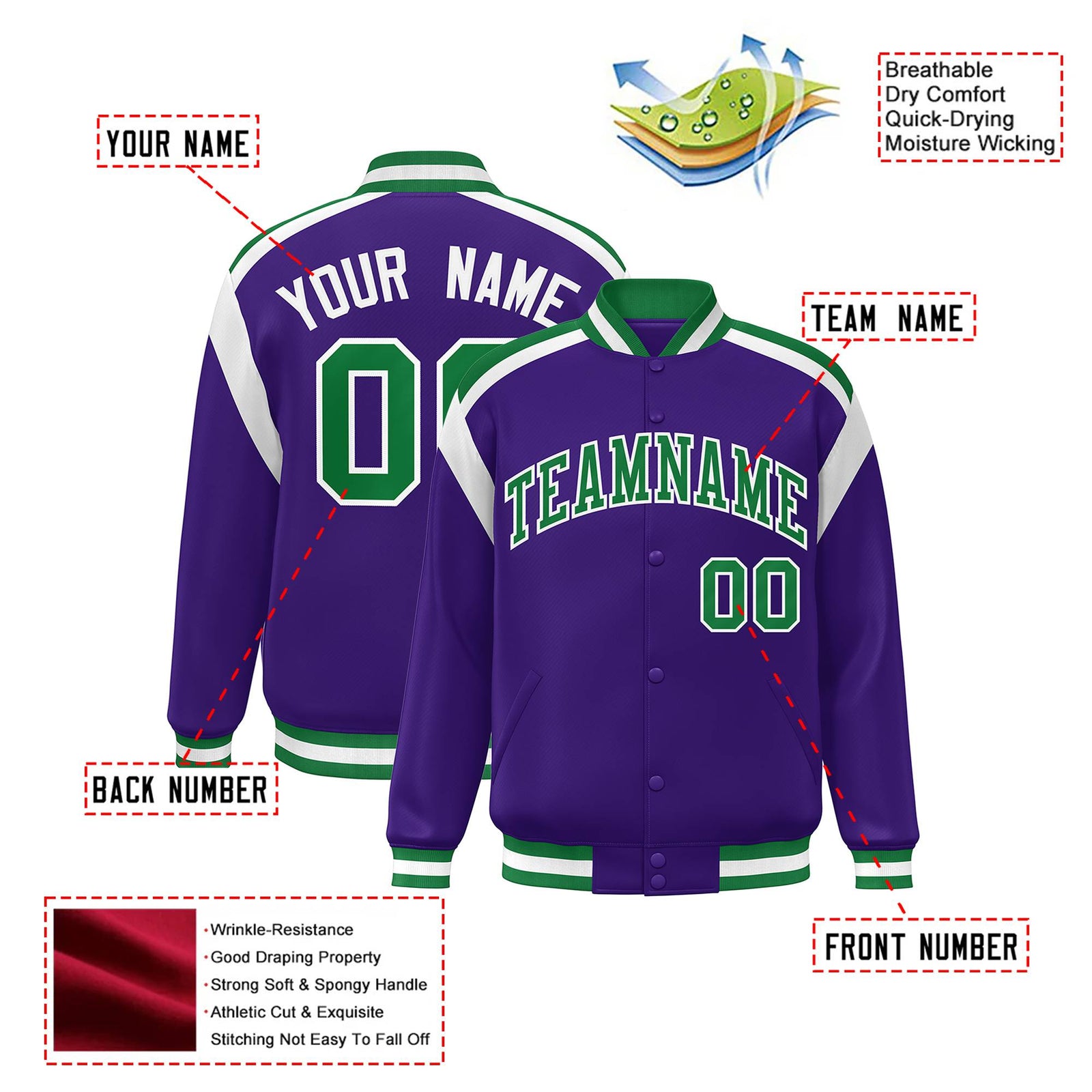 Custom Purple Green-White Bomber Full-Snap Varsity Letterman Shoulder Stripe Jacket