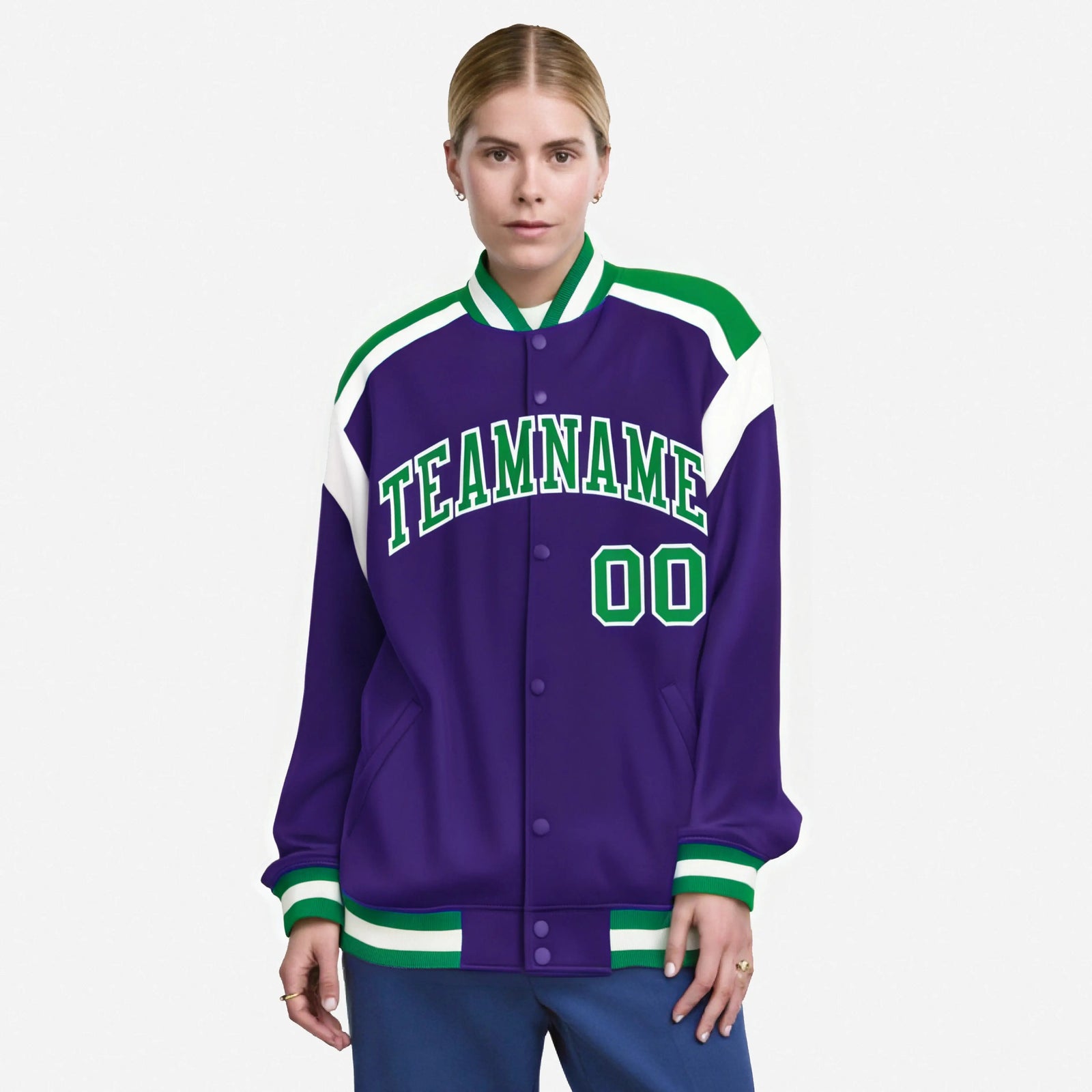 Custom Purple Green-White Bomber Full-Snap Varsity Letterman Shoulder Stripe Jacket