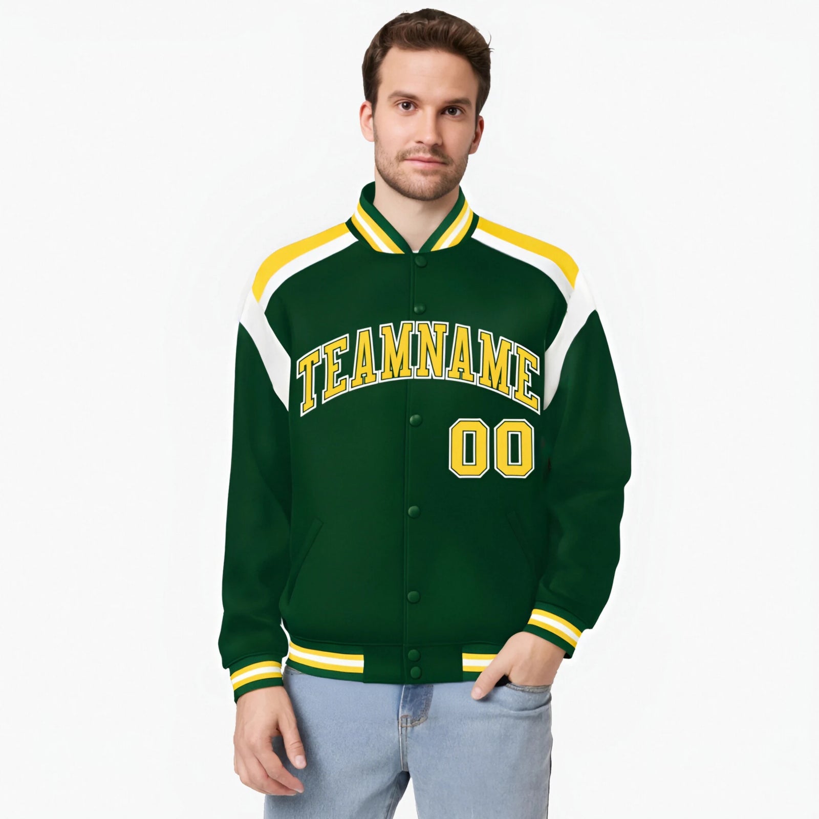 Custom Kelly-Green Yellow-White Bomber Full-Snap Varsity Letterman Shoulder Stripe Jacket