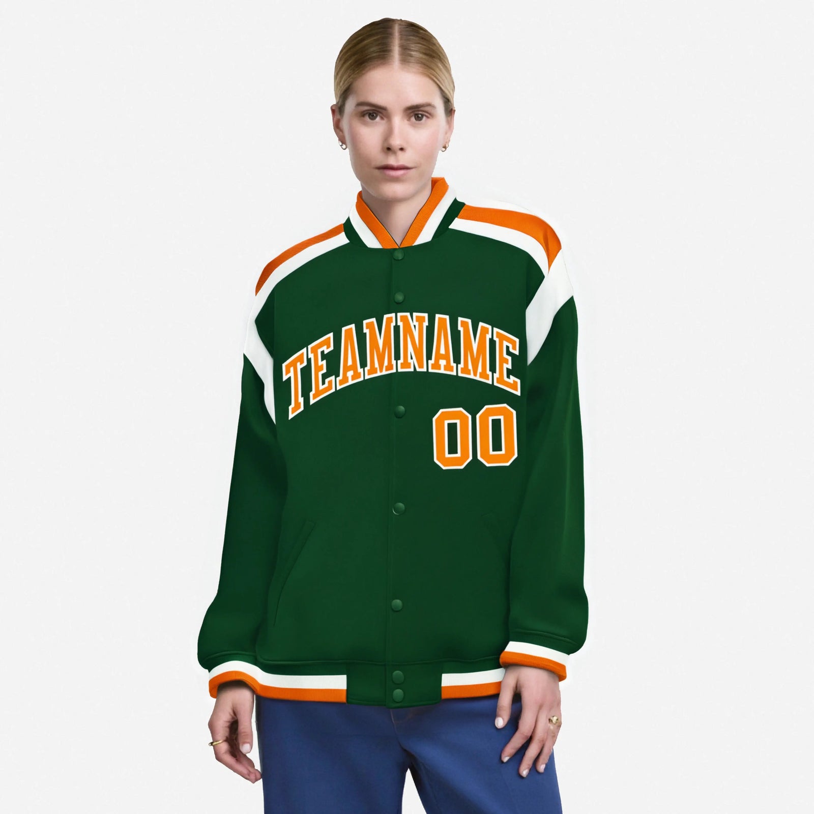 Custom Kelly-Green Orange-White Bomber Full-Snap Varsity Letterman Shoulder Stripe Jacket