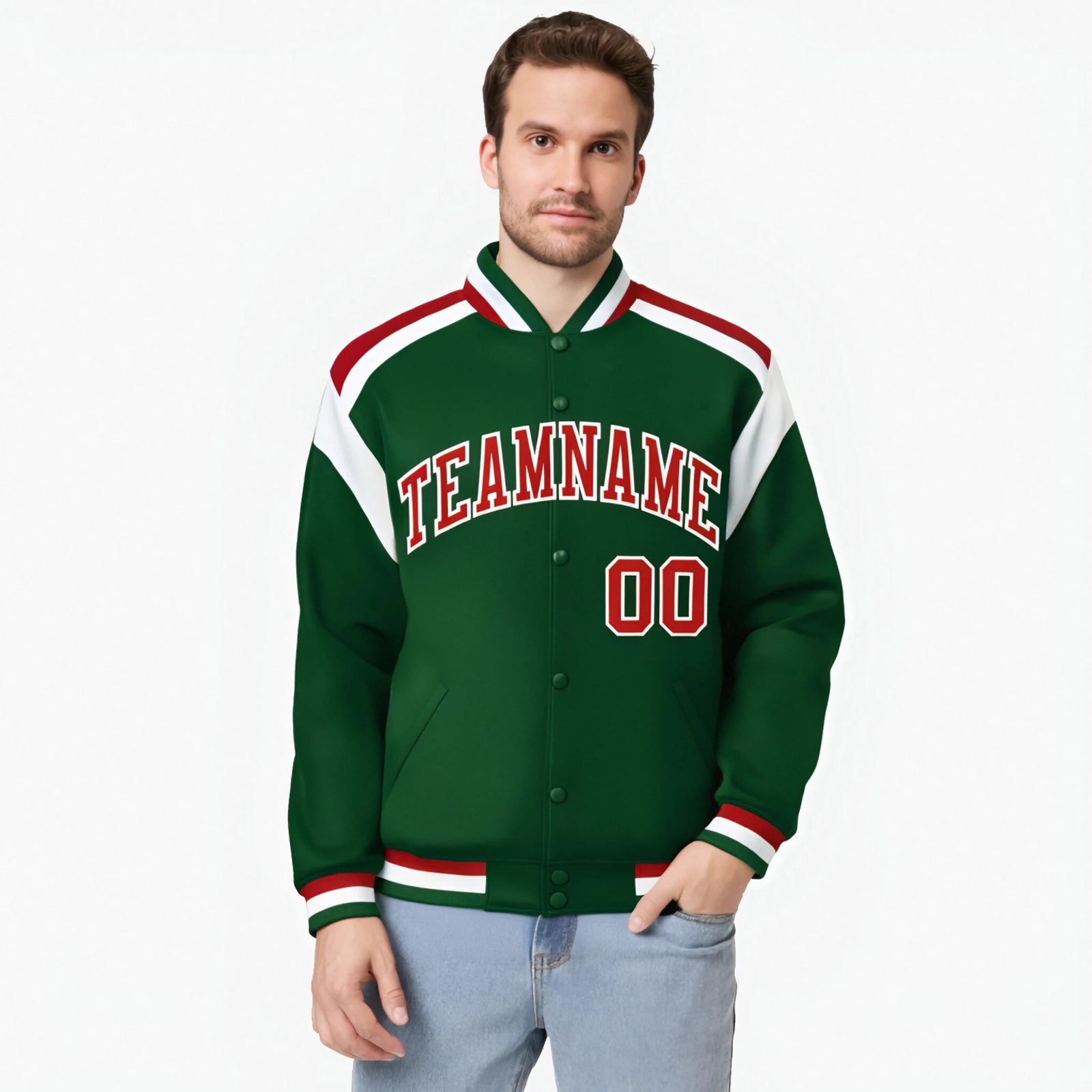 Custom Kelly-Green Red-White Bomber Full-Snap Varsity Letterman Shoulder Stripe Jacket