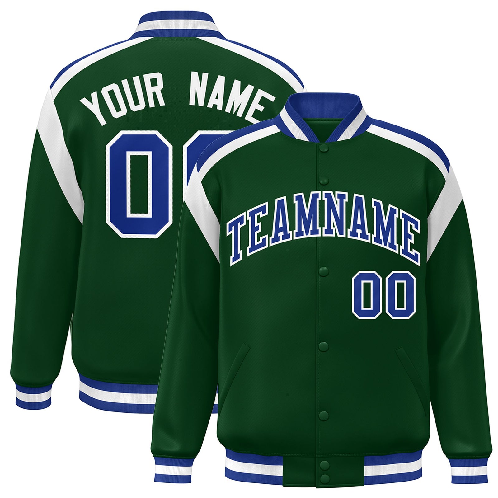 Custom Kelly-Green Thunder-Blue White Bomber Full-Snap Varsity Letterman Shoulder Stripe Jacket