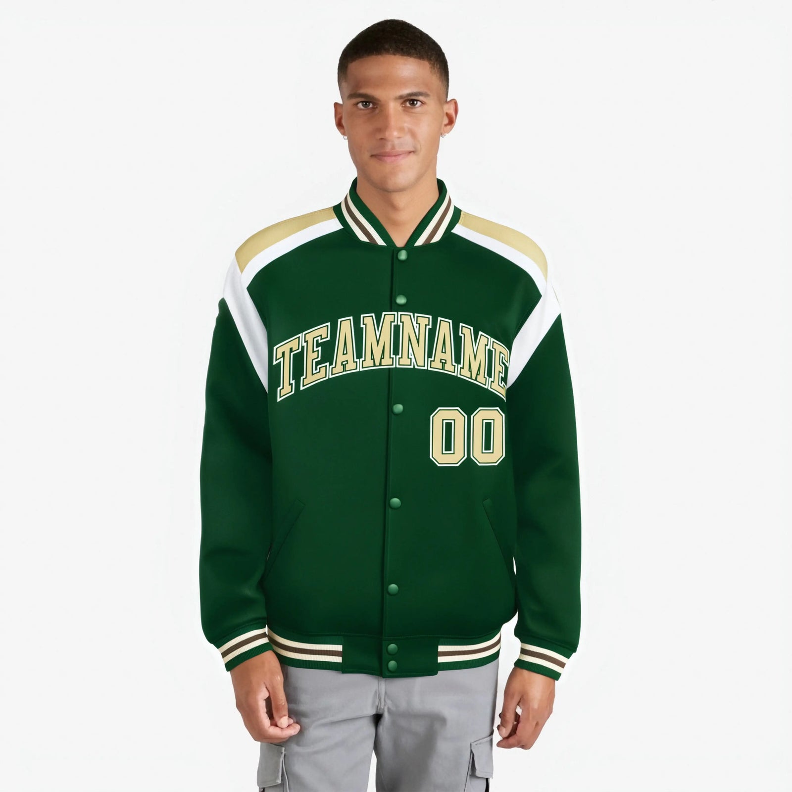 Custom Kelly-Green Old-Gold White Bomber Full-Snap Varsity Letterman Shoulder Stripe Jacket