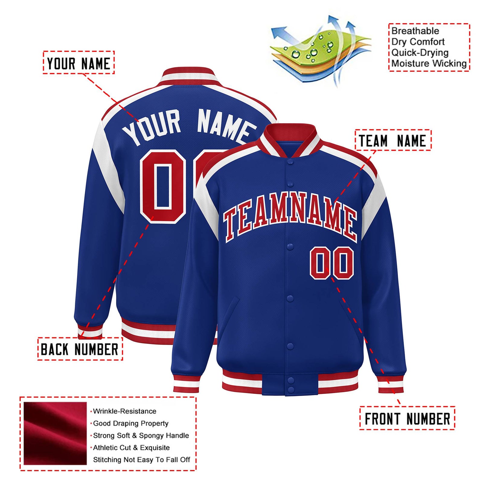 Custom Thunder Blue Red-White Bomber Full-Snap Varsity Letterman Shoulder Stripe Jacket