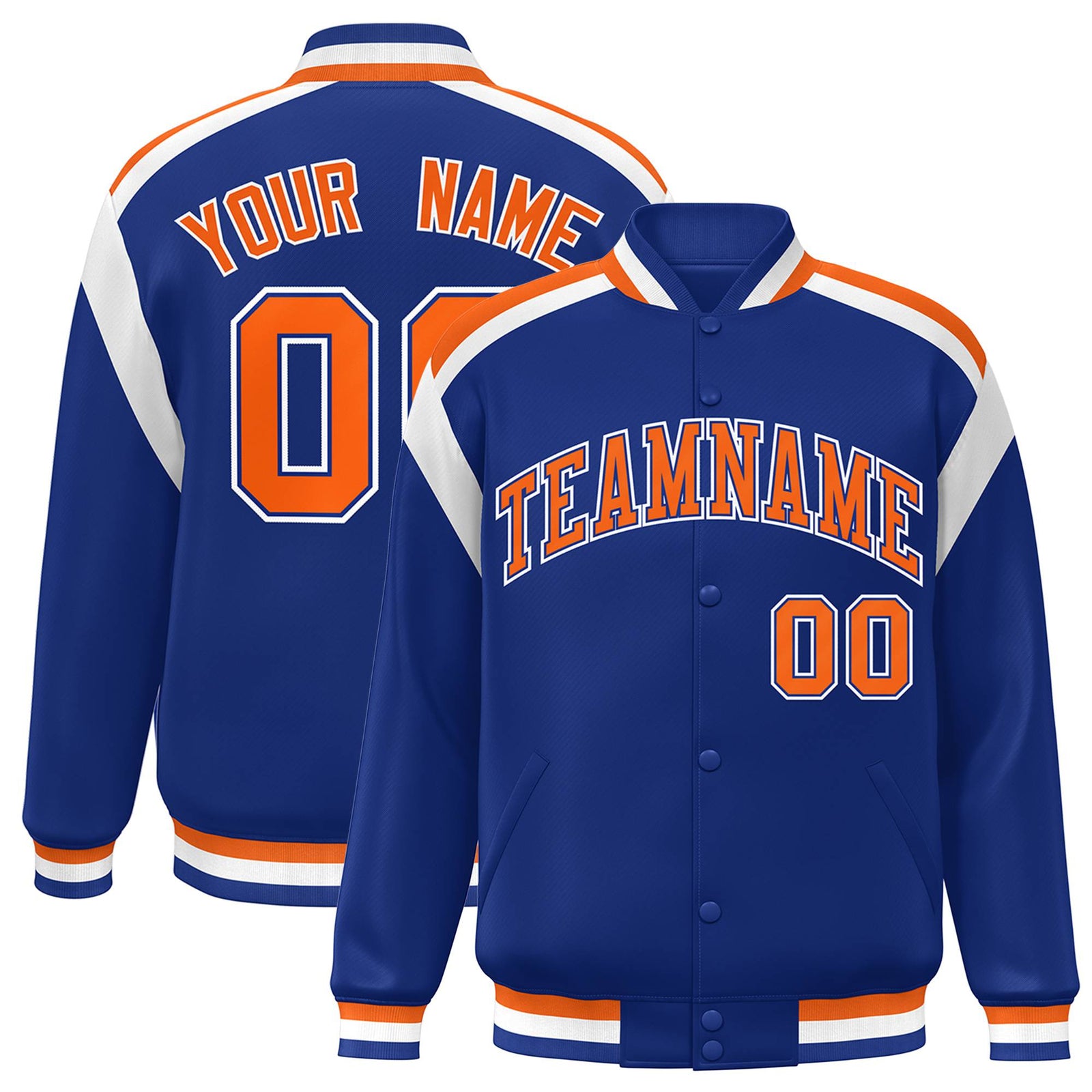 Custom Thunder Blue Orange-White Bomber Full-Snap Varsity Letterman Shoulder Stripe Jacket