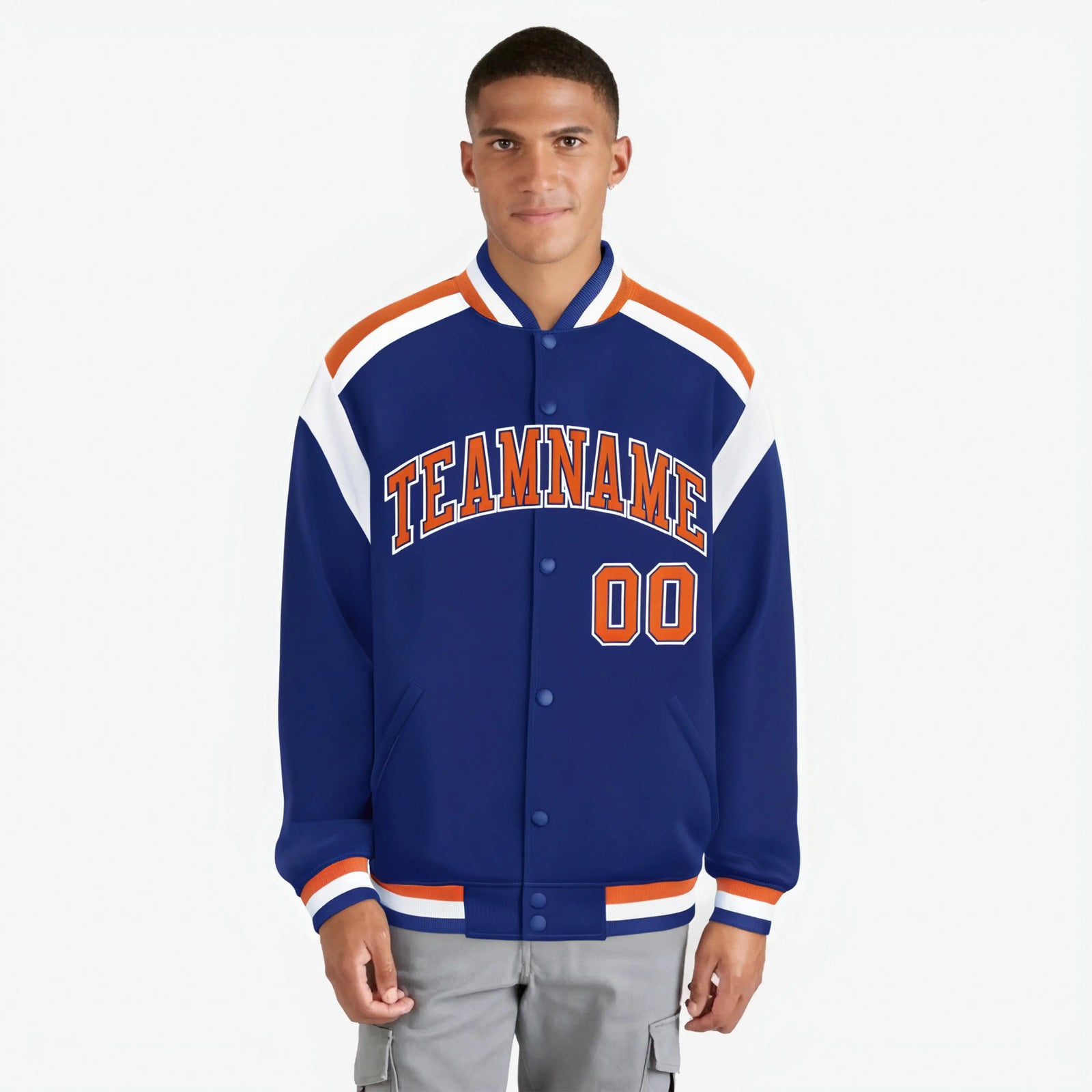 Custom Thunder Blue Orange-White Bomber Full-Snap Varsity Letterman Shoulder Stripe Jacket