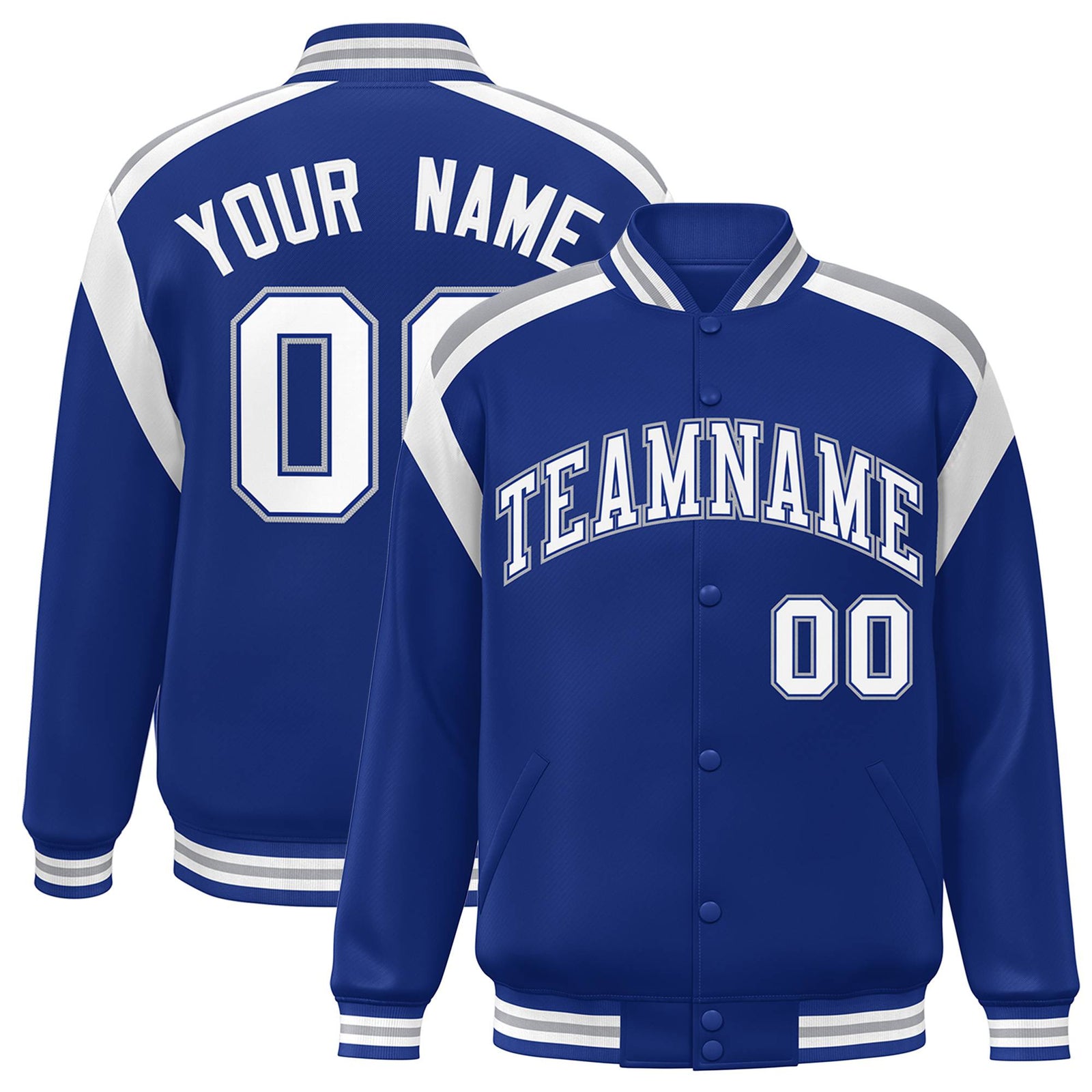 Custom Thunder Blue Gray-White Bomber Full-Snap Varsity Letterman Shoulder Stripe Jacket