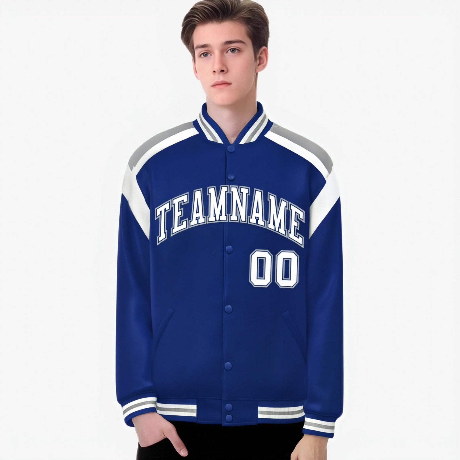 Custom Thunder Blue Gray-White Bomber Full-Snap Varsity Letterman Shoulder Stripe Jacket