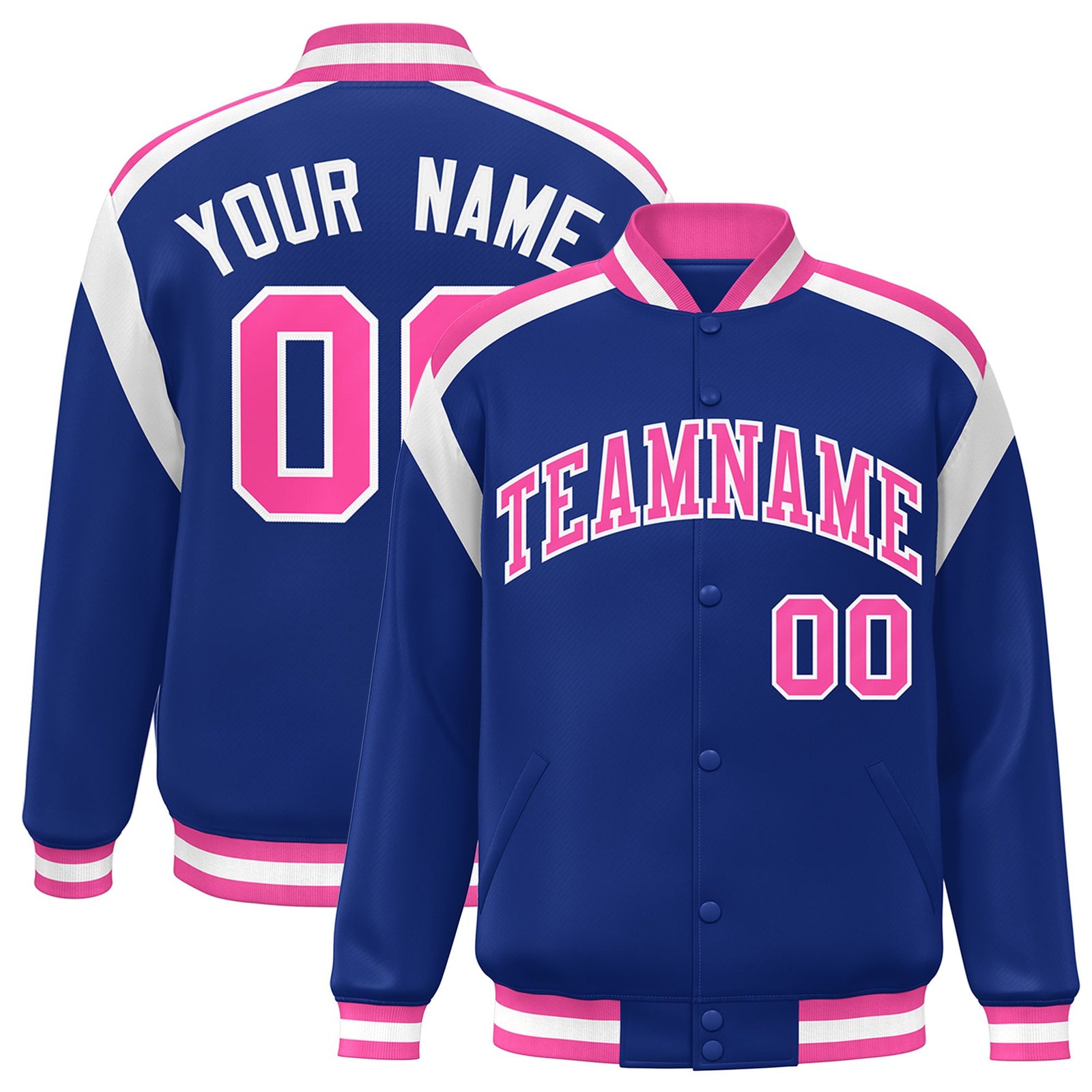 Custom Thunder Blue Pink-White Bomber Full-Snap Varsity Letterman Shoulder Stripe Jacket