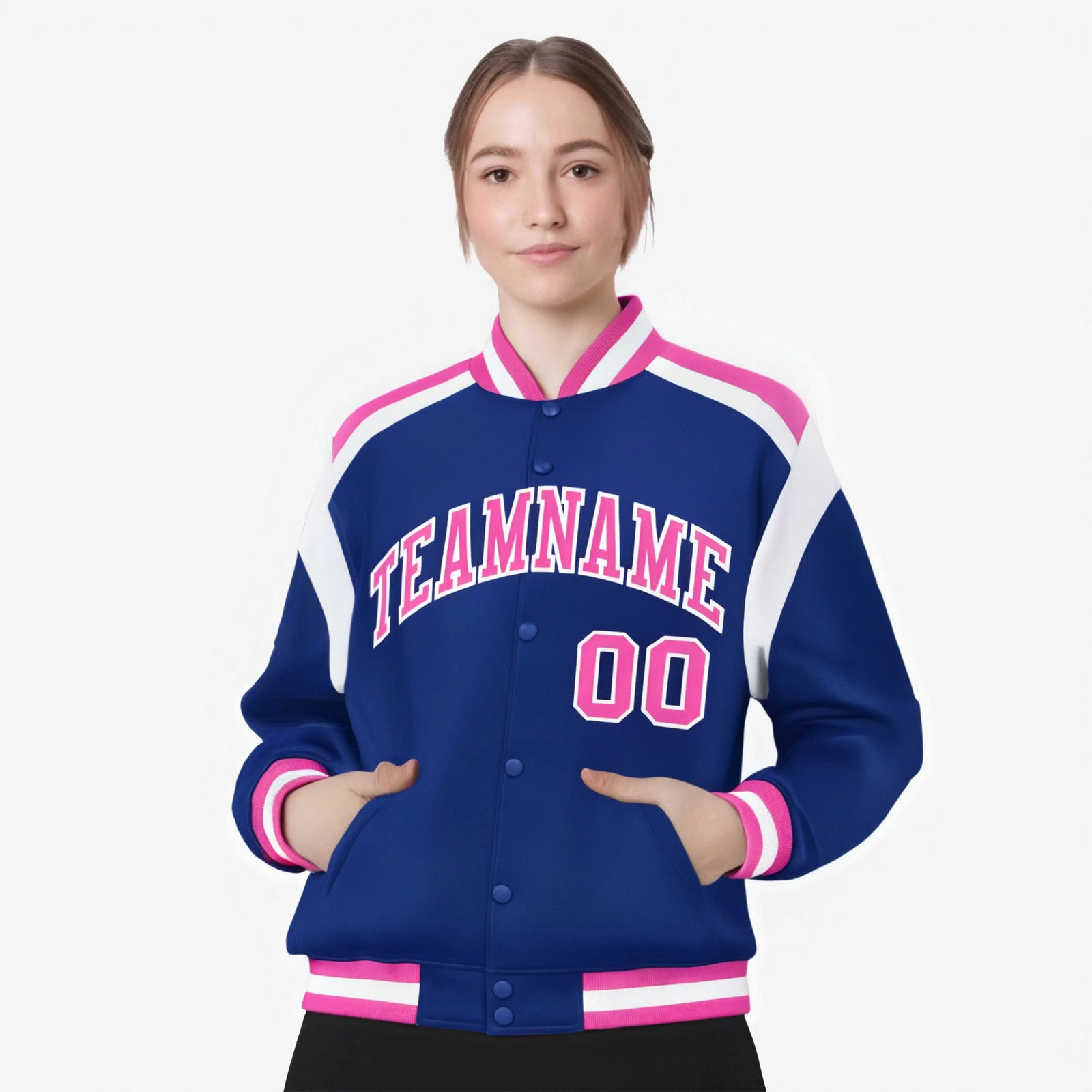 Custom Thunder Blue Pink-White Bomber Full-Snap Varsity Letterman Shoulder Stripe Jacket