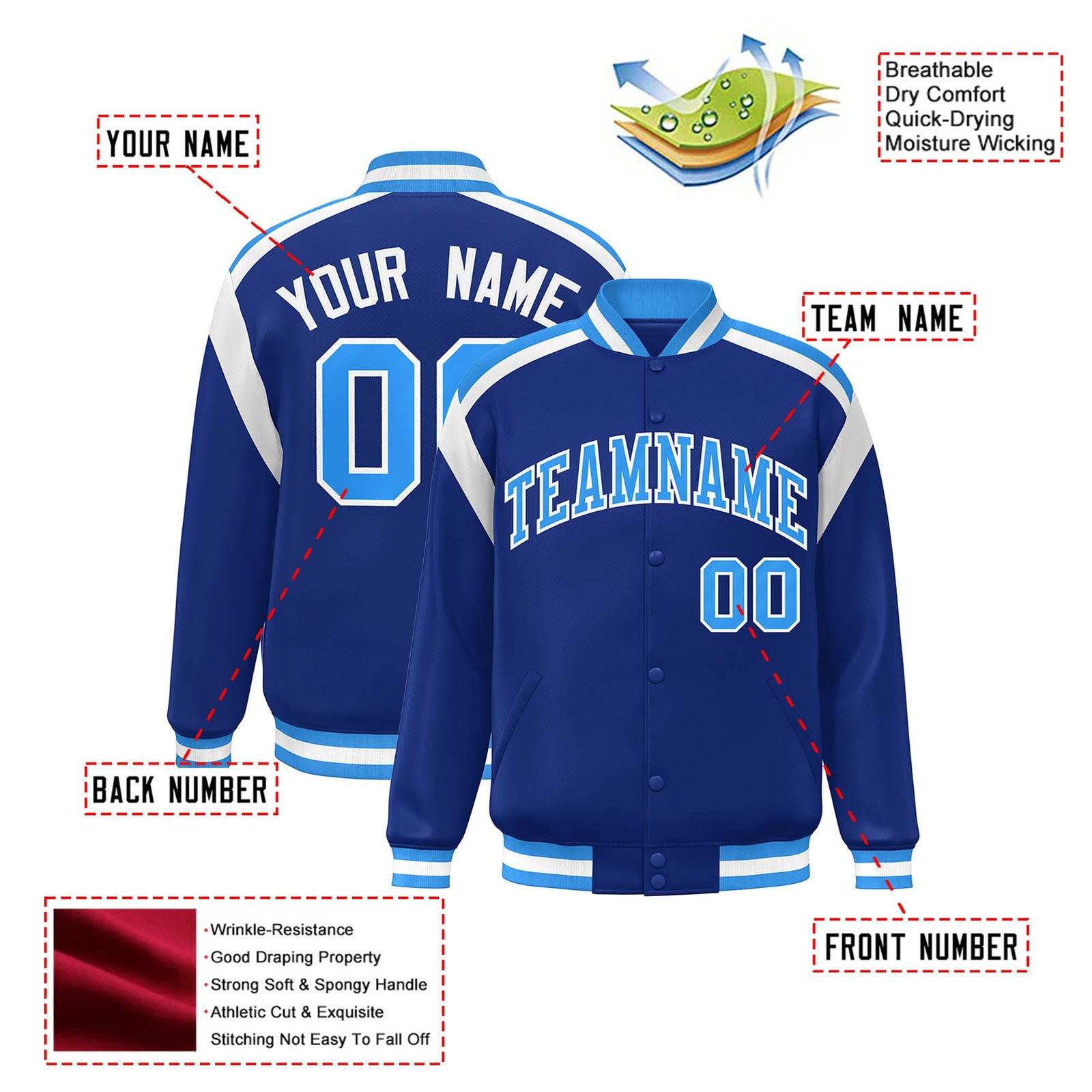 Custom Thunder Blue Light-Blue White Bomber Full-Snap Varsity Letterman Shoulder Stripe Jacket