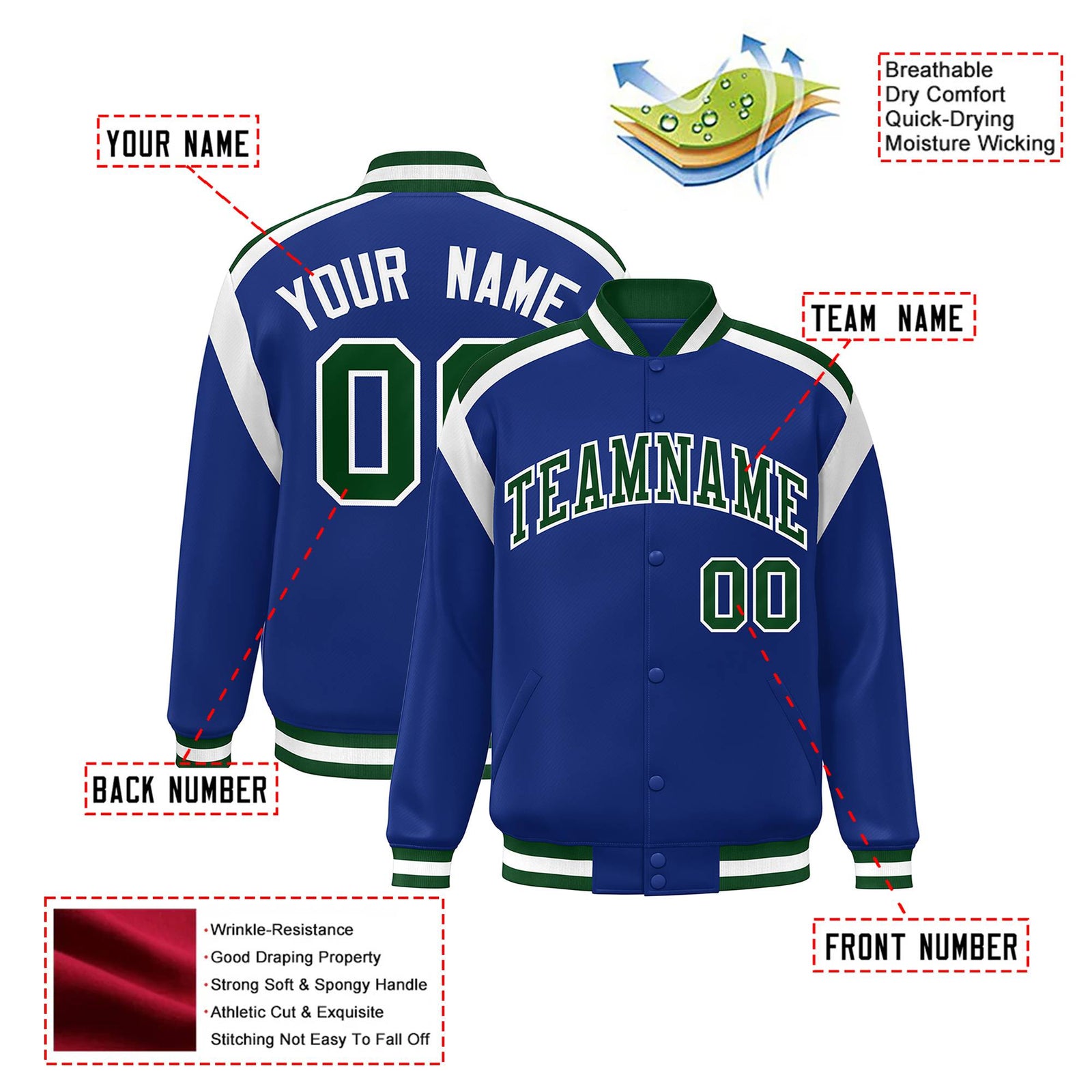 Custom Thunder Blue Green-White Bomber Full-Snap Varsity Letterman Shoulder Stripe Jacket
