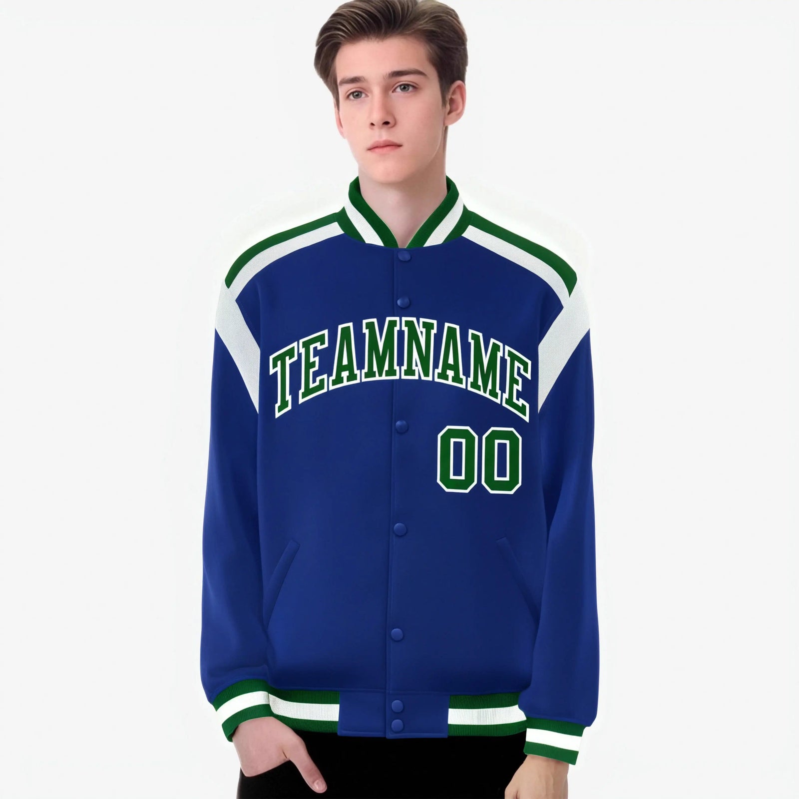 Custom Thunder Blue Green-White Bomber Full-Snap Varsity Letterman Shoulder Stripe Jacket