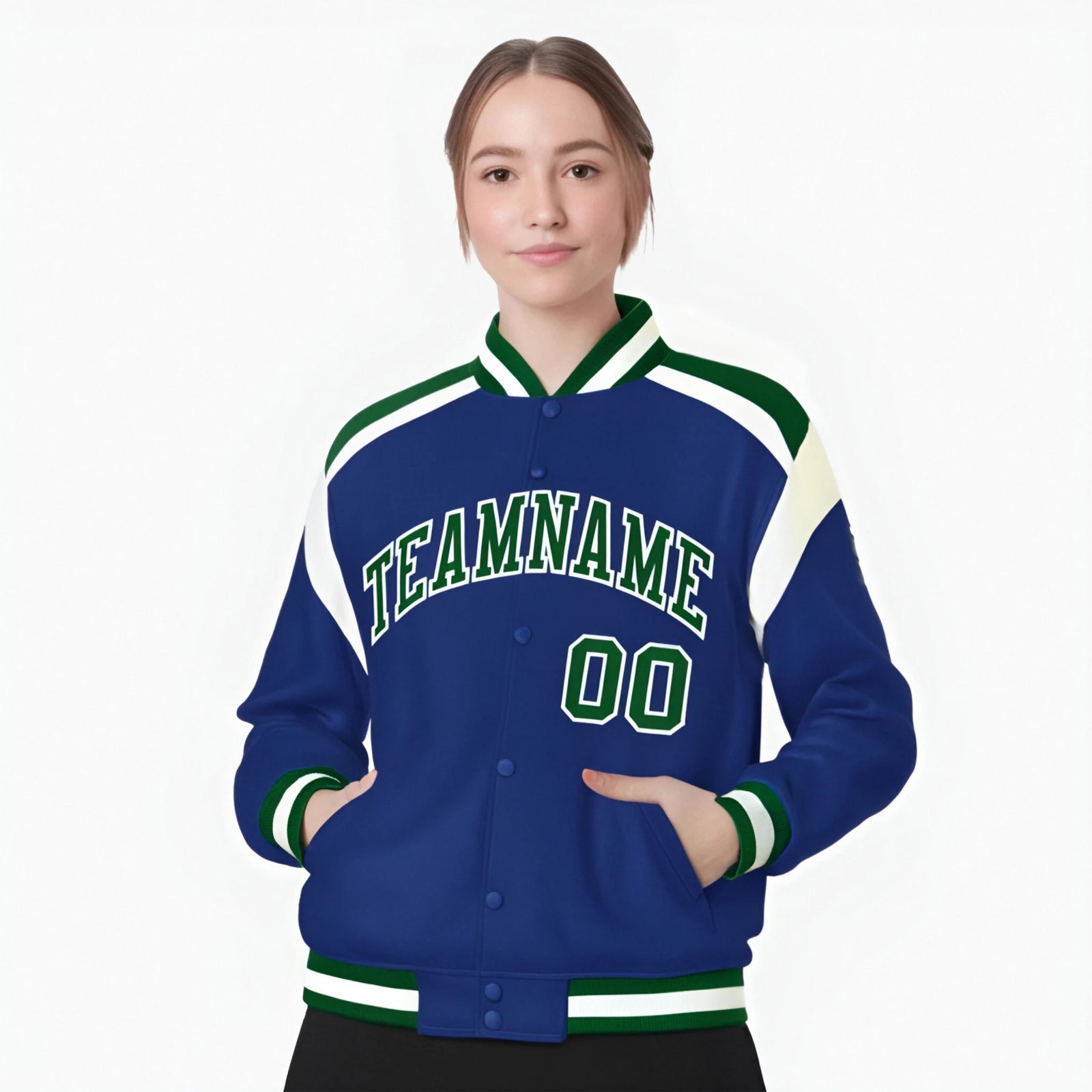 Custom Thunder Blue Green-White Bomber Full-Snap Varsity Letterman Shoulder Stripe Jacket