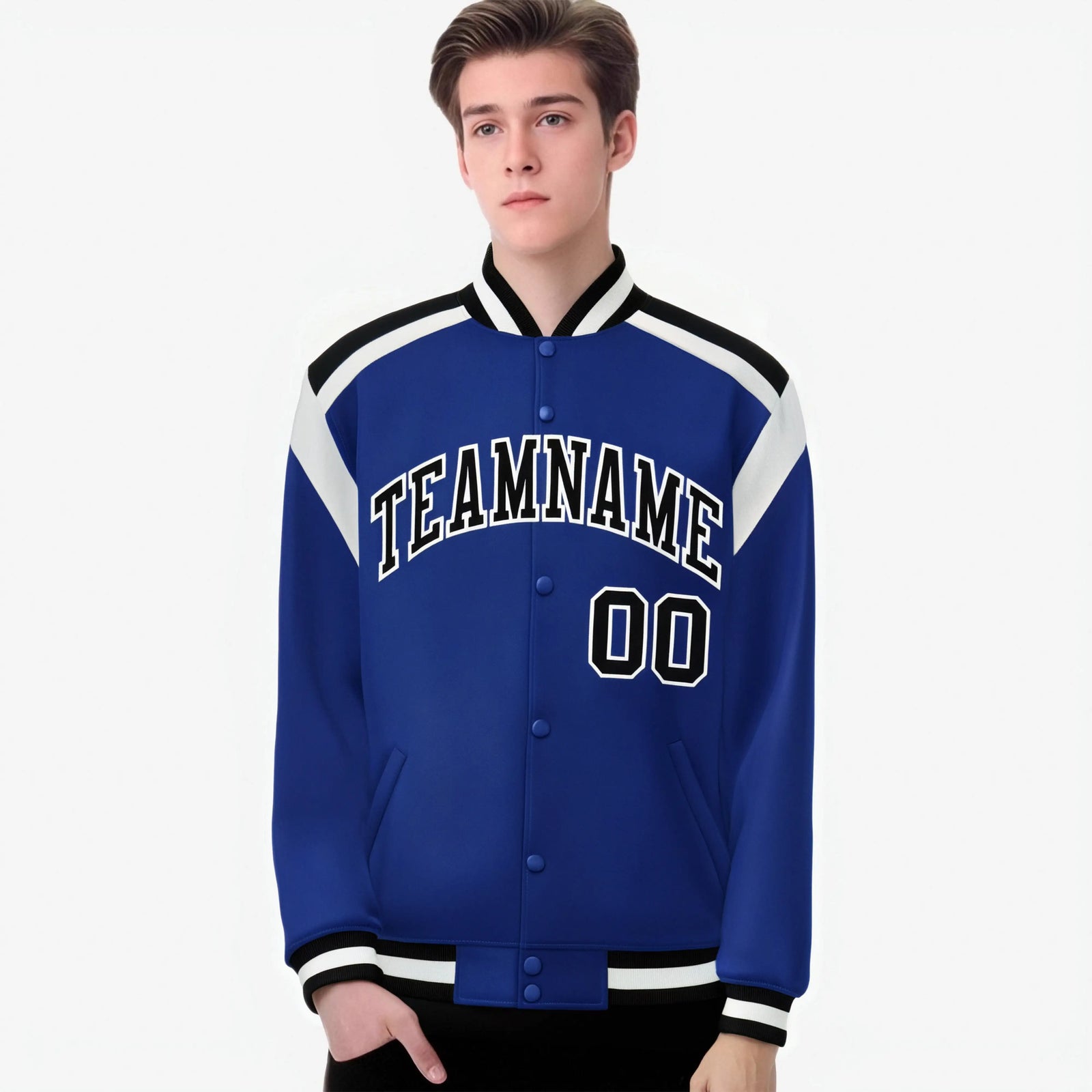 Custom Thunder Blue Black-White Bomber Full-Snap Varsity Letterman Shoulder Stripe Jacket