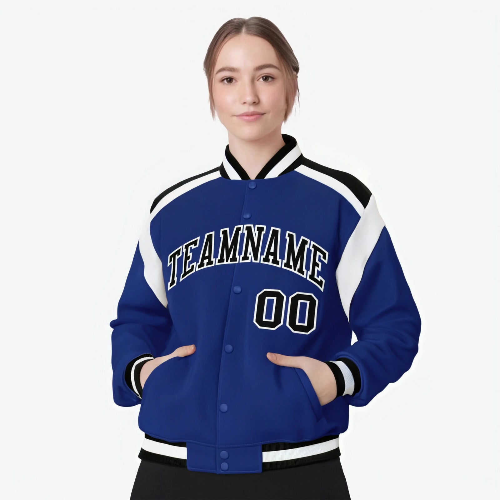 Custom Thunder Blue Black-White Bomber Full-Snap Varsity Letterman Shoulder Stripe Jacket