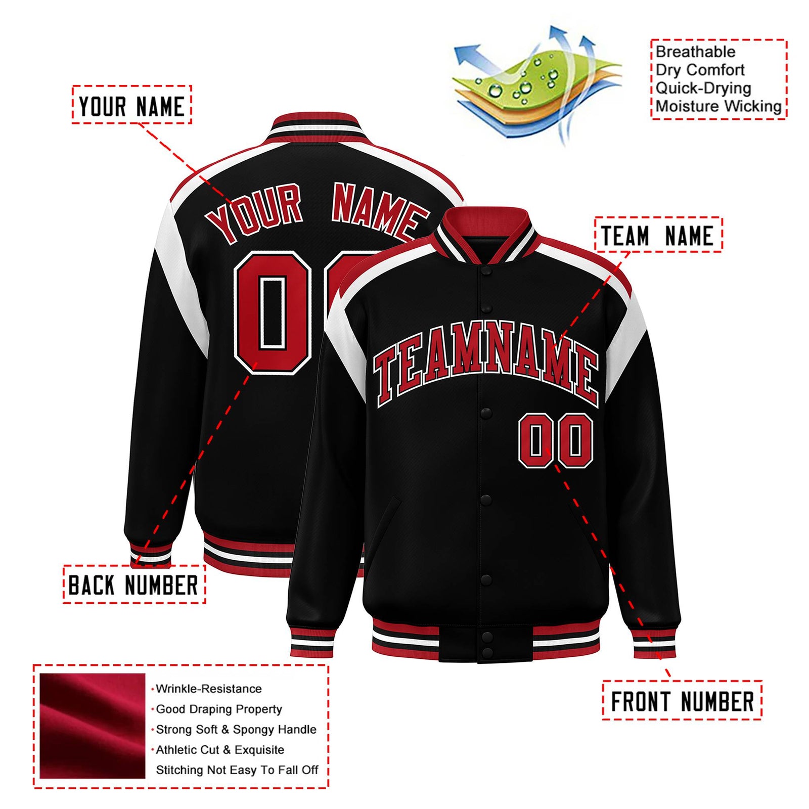 Custom Black Red-White Bomber Full-Snap Varsity Letterman Shoulder Stripe Jacket