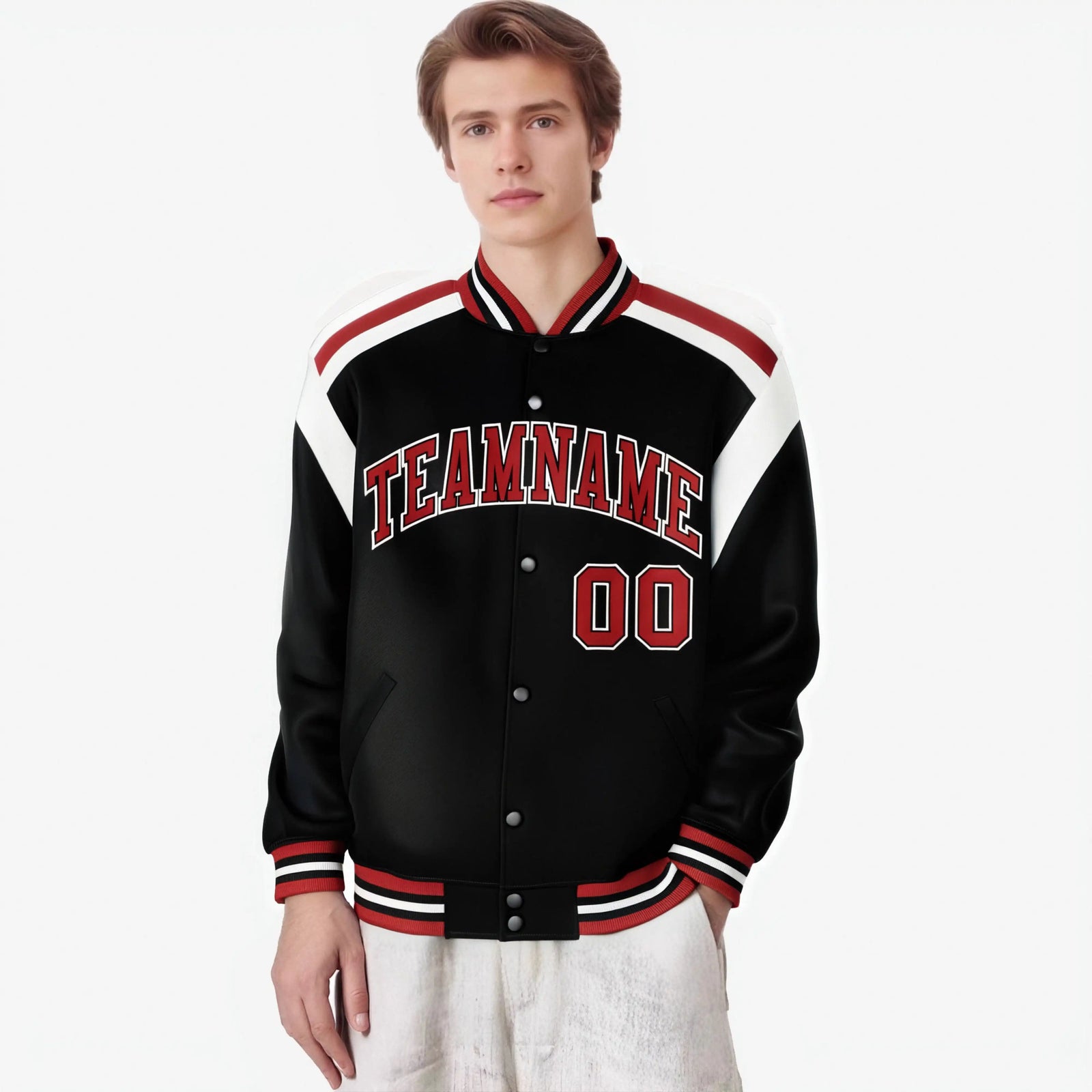 Custom Black Red-White Bomber Full-Snap Varsity Letterman Shoulder Stripe Jacket