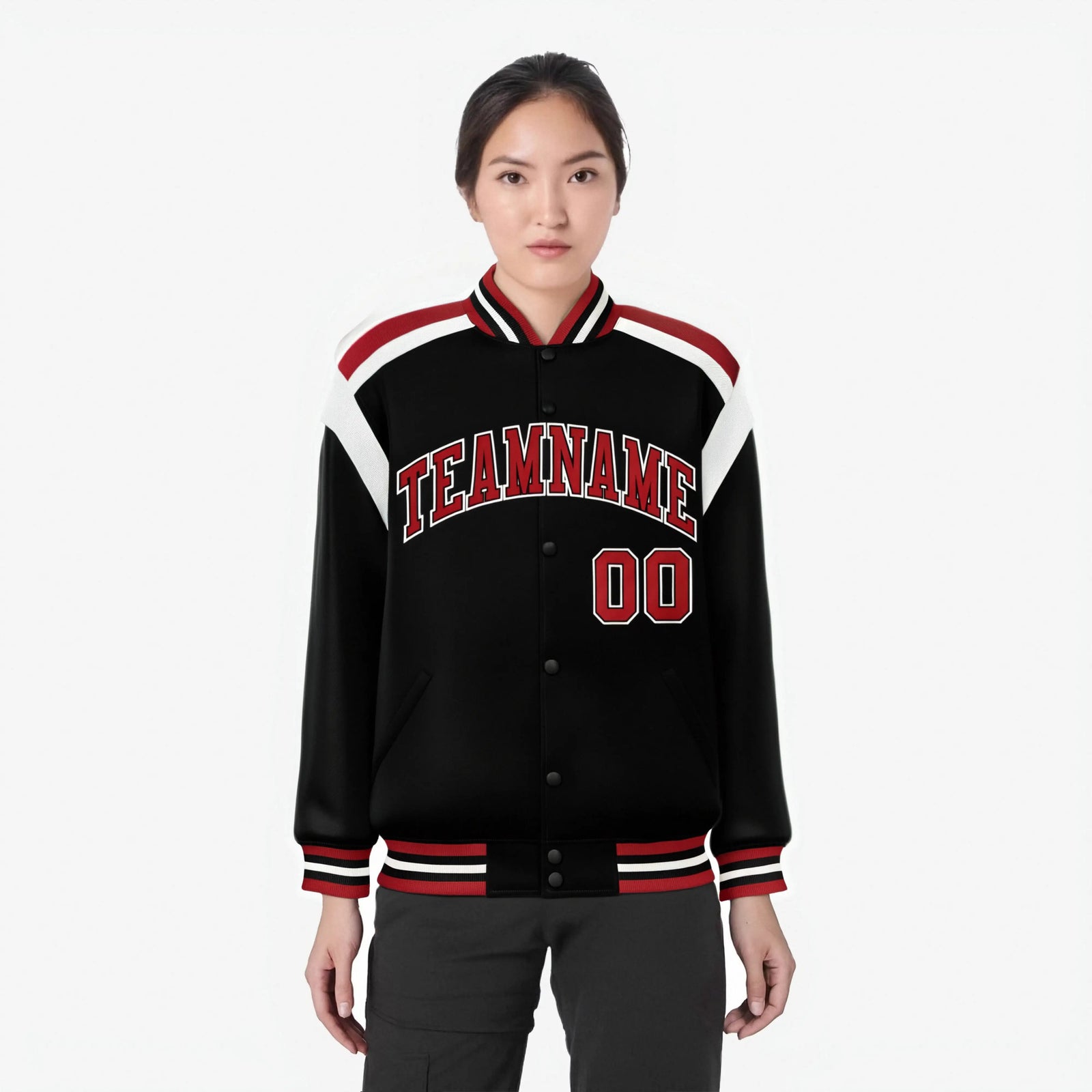 Custom Black Red-White Bomber Full-Snap Varsity Letterman Shoulder Stripe Jacket