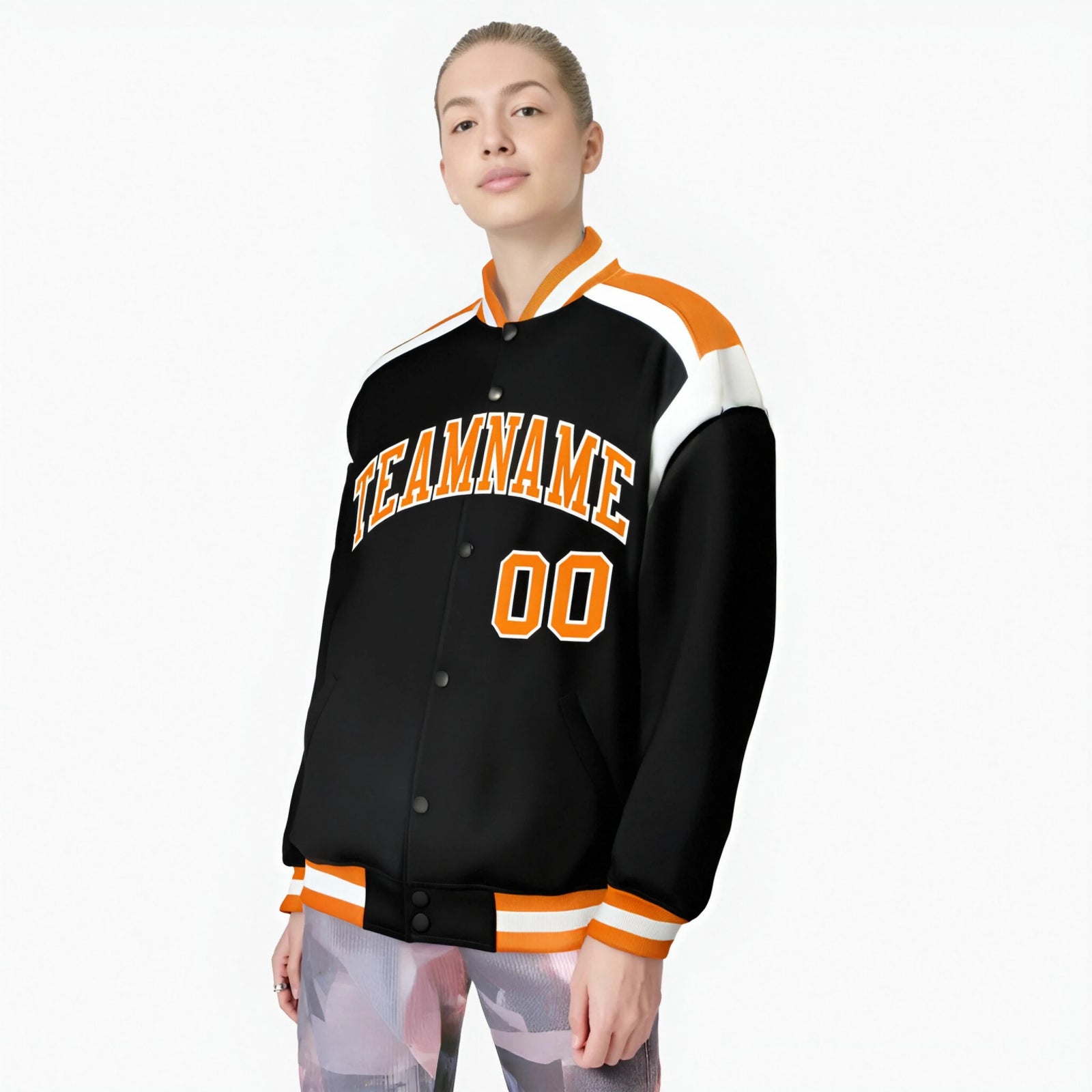 Custom Black Orange-White Bomber Full-Snap Varsity Letterman Shoulder Stripe Jacket