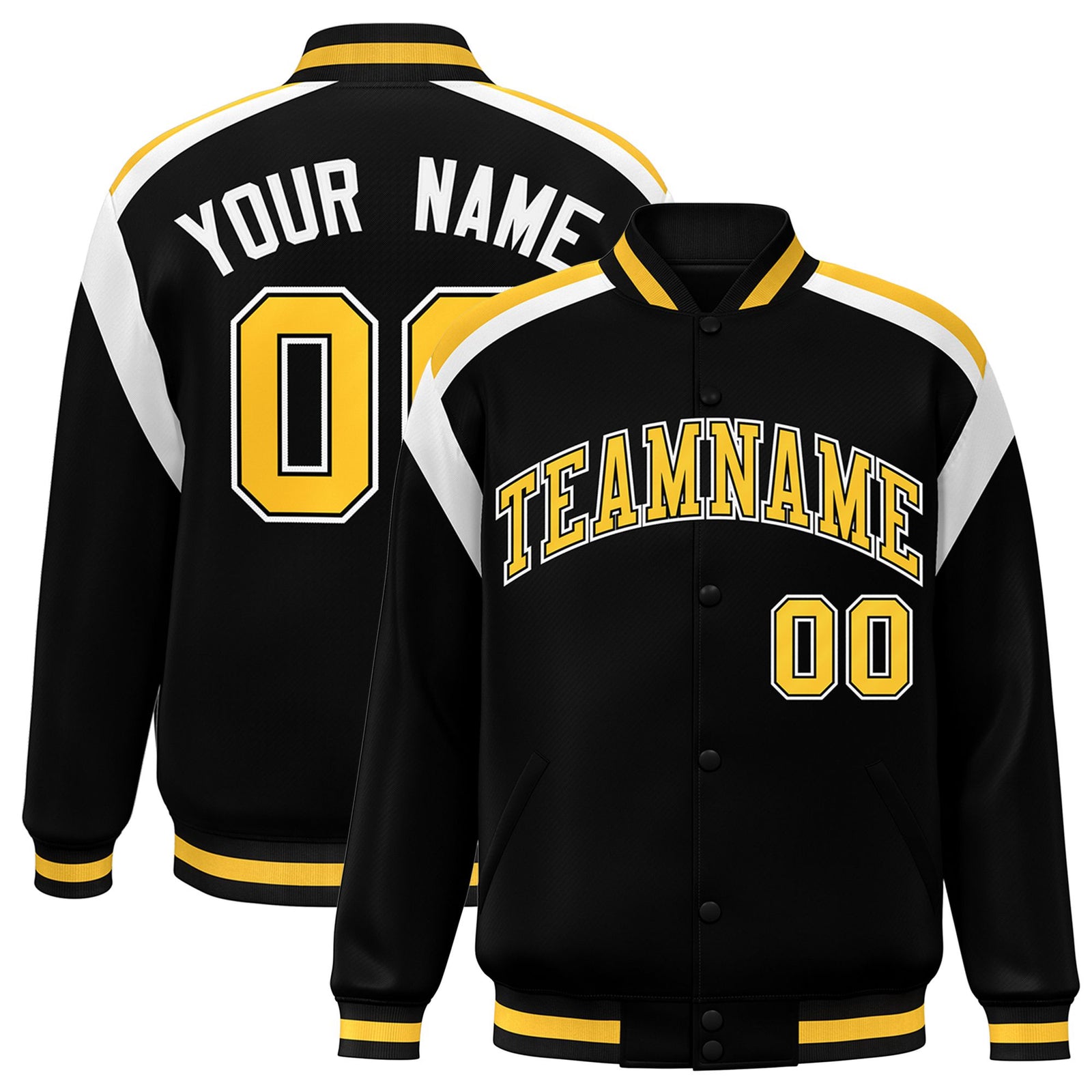 Custom Black Yellow-White Bomber Full-Snap Varsity Letterman Shoulder Stripe Jacket