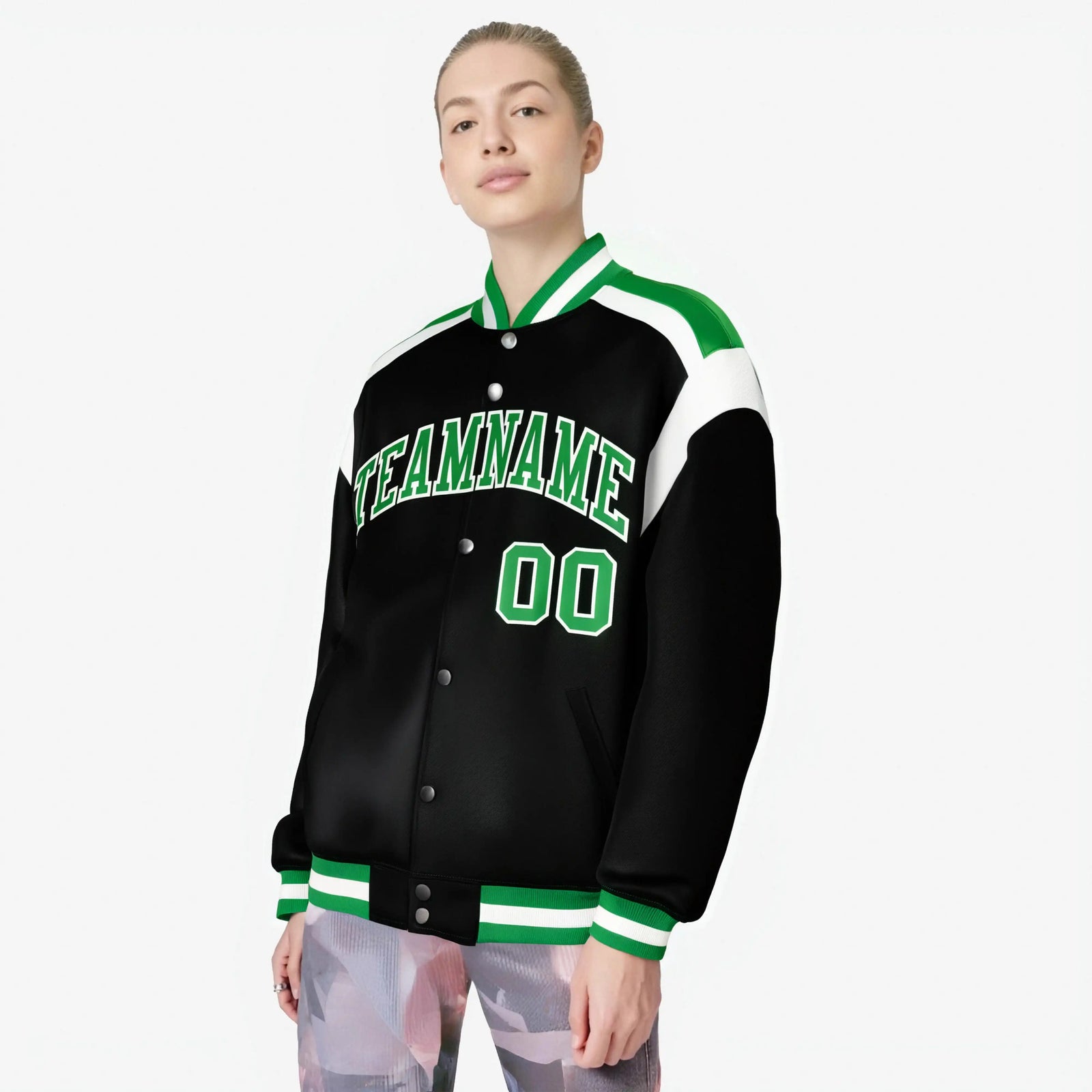 Custom Black Green-White Bomber Full-Snap Varsity Letterman Shoulder Stripe Jacket
