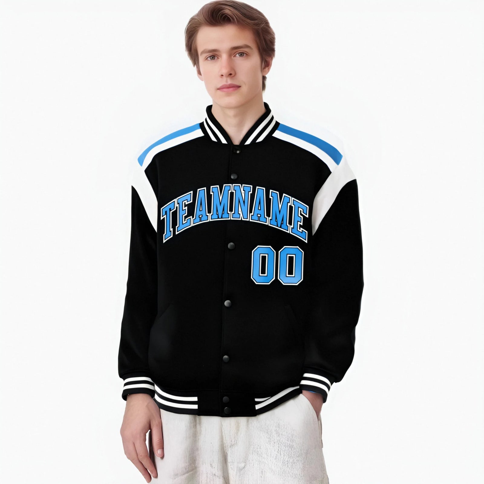 Custom Black Blue-White Bomber Full-Snap Varsity Letterman Shoulder Stripe Jacket
