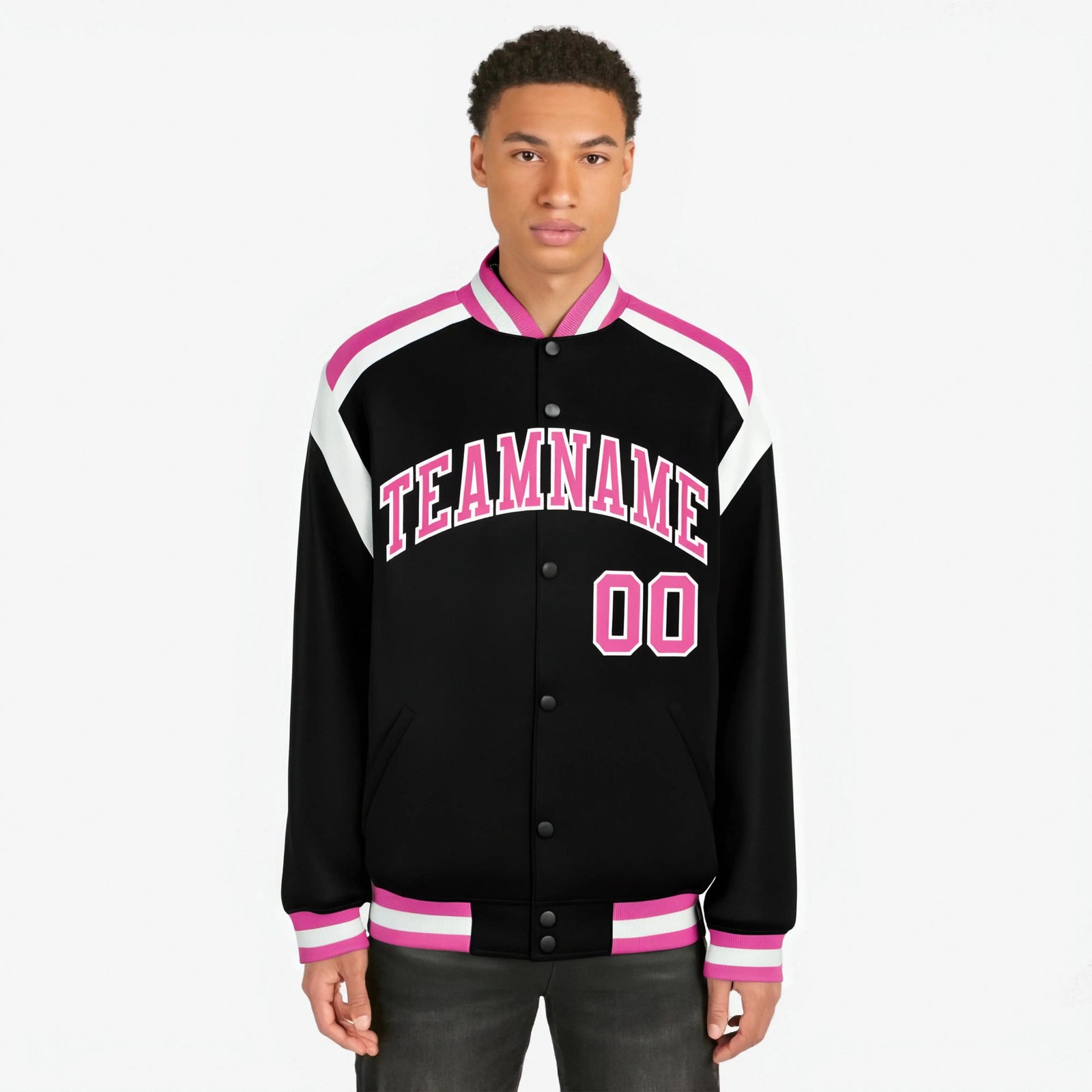 Custom Black Pink-White Bomber Full-Snap Varsity Letterman Shoulder Stripe Jacket