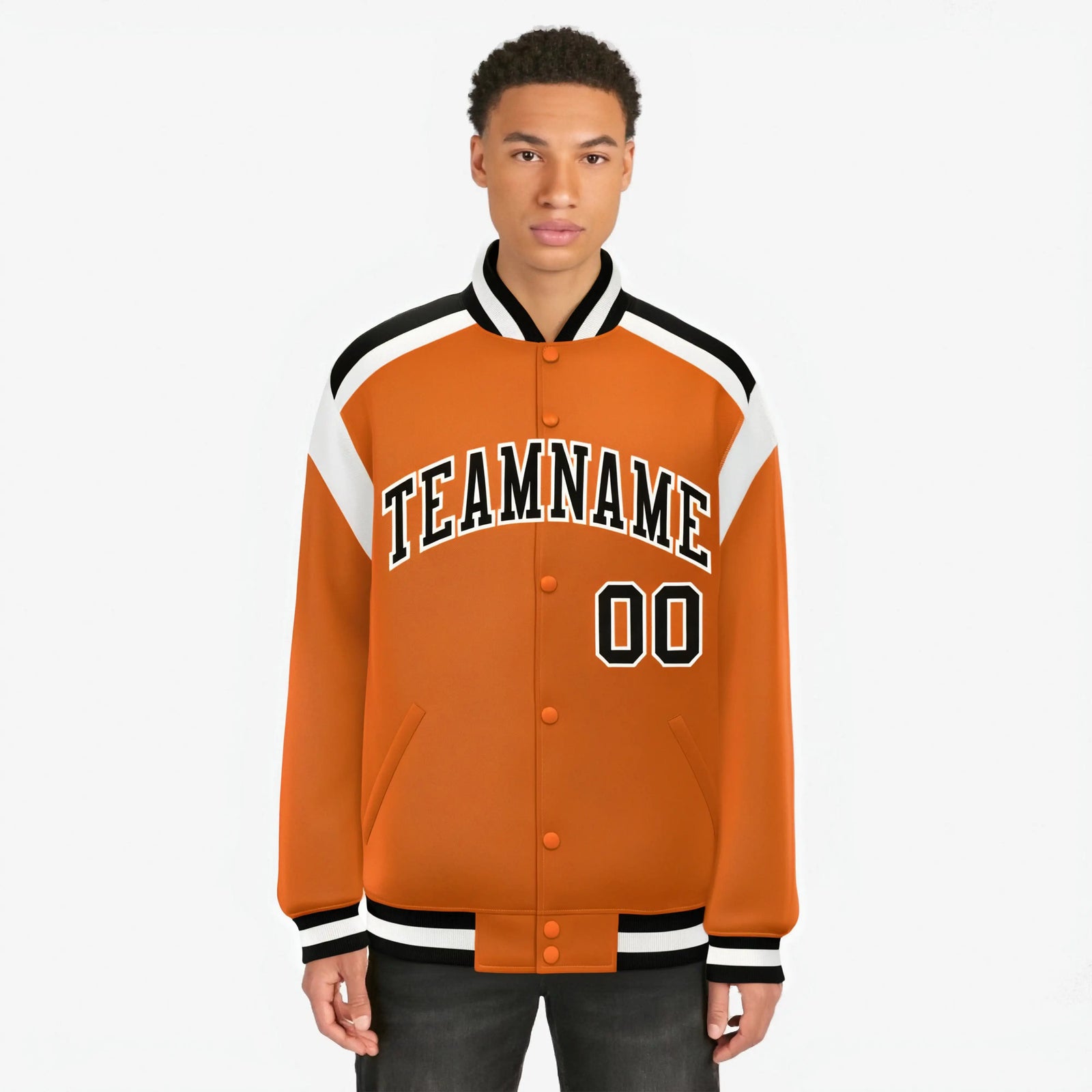 Custom Orange Black-White Bomber Full-Snap Varsity Letterman Shoulder Stripe Jacket