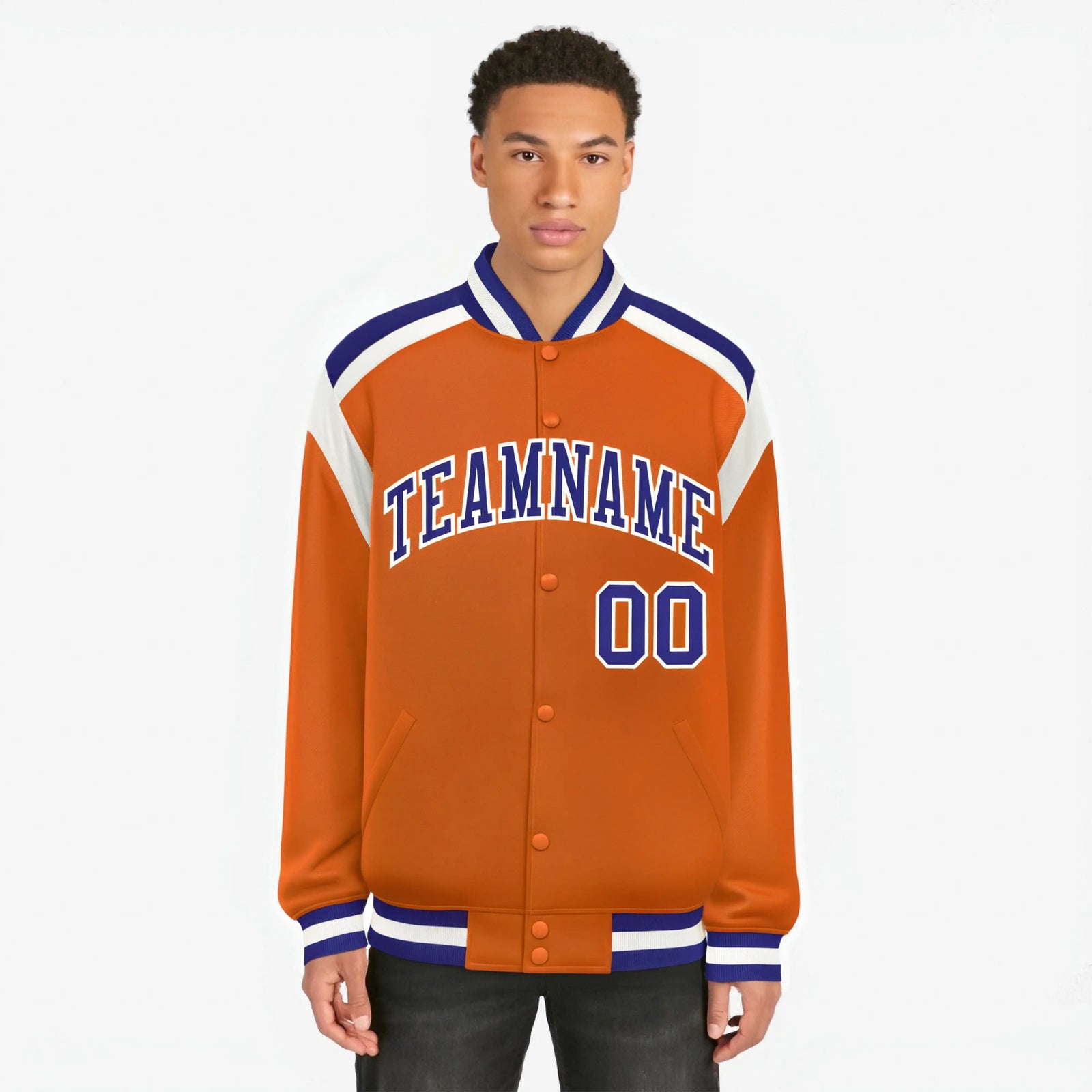 Custom Orange Purple-White Bomber Full-Snap Varsity Letterman Shoulder Stripe Jacket