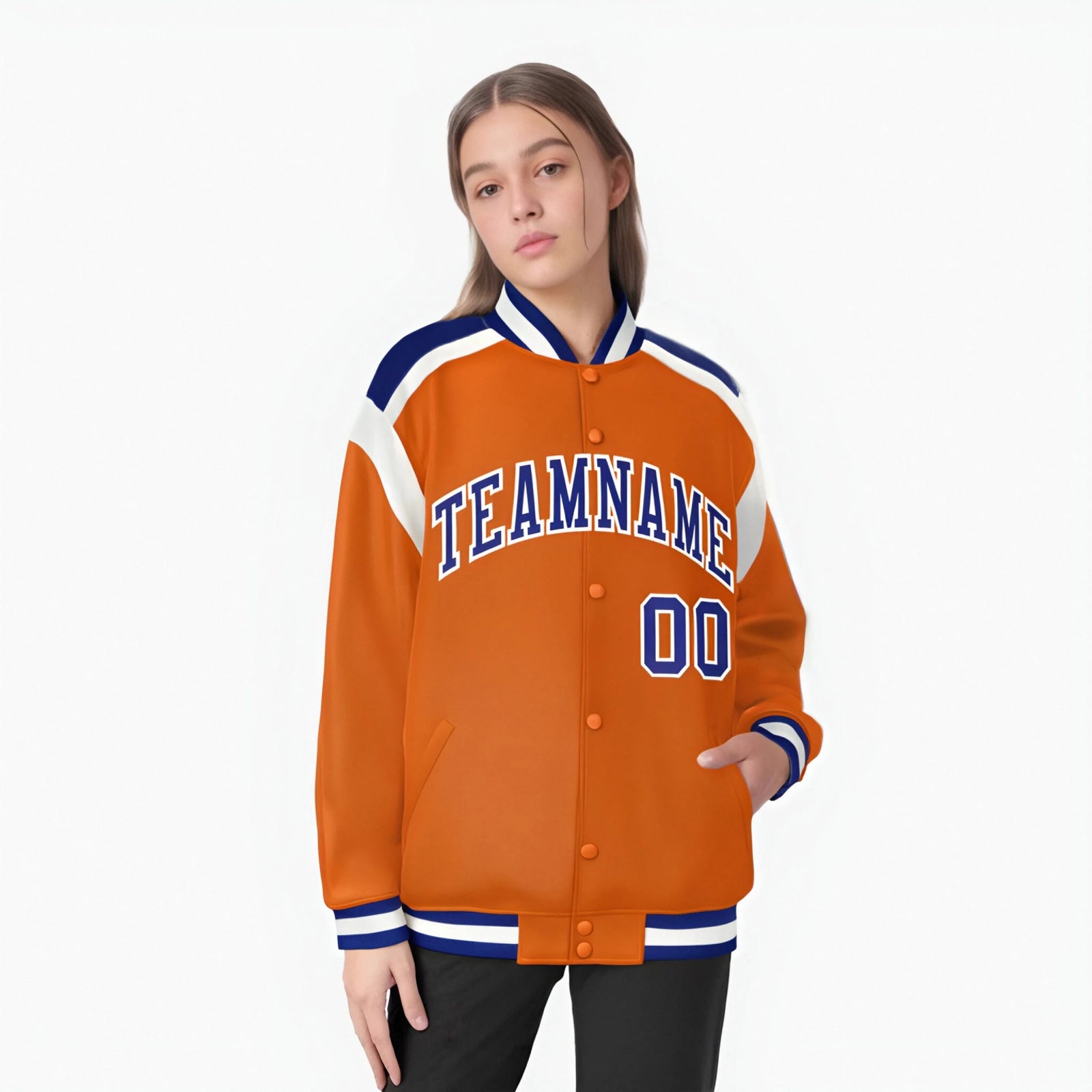 Custom Orange Purple-White Bomber Full-Snap Varsity Letterman Shoulder Stripe Jacket