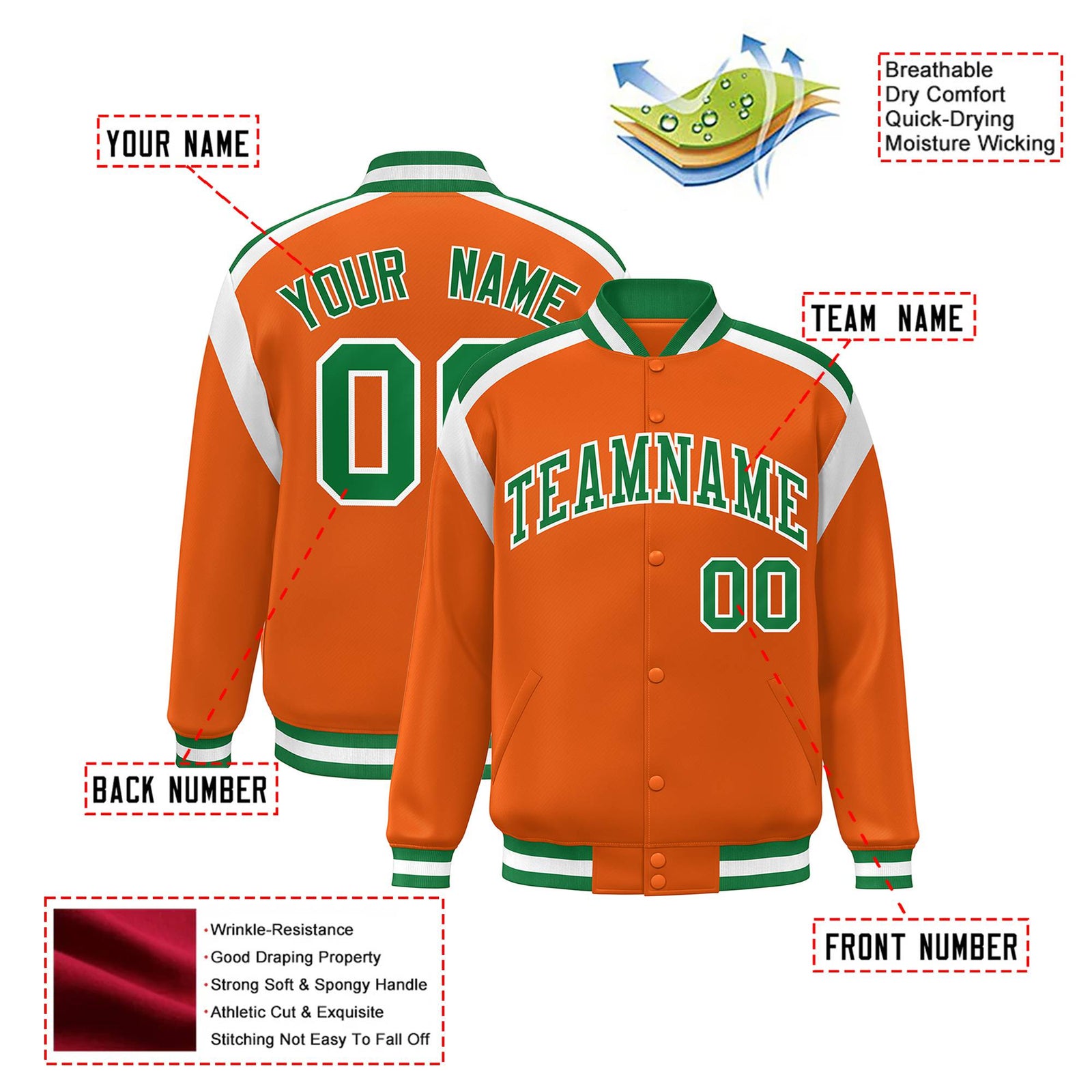 Custom Orange Green-White Bomber Full-Snap Varsity Letterman Shoulder Stripe Jacket