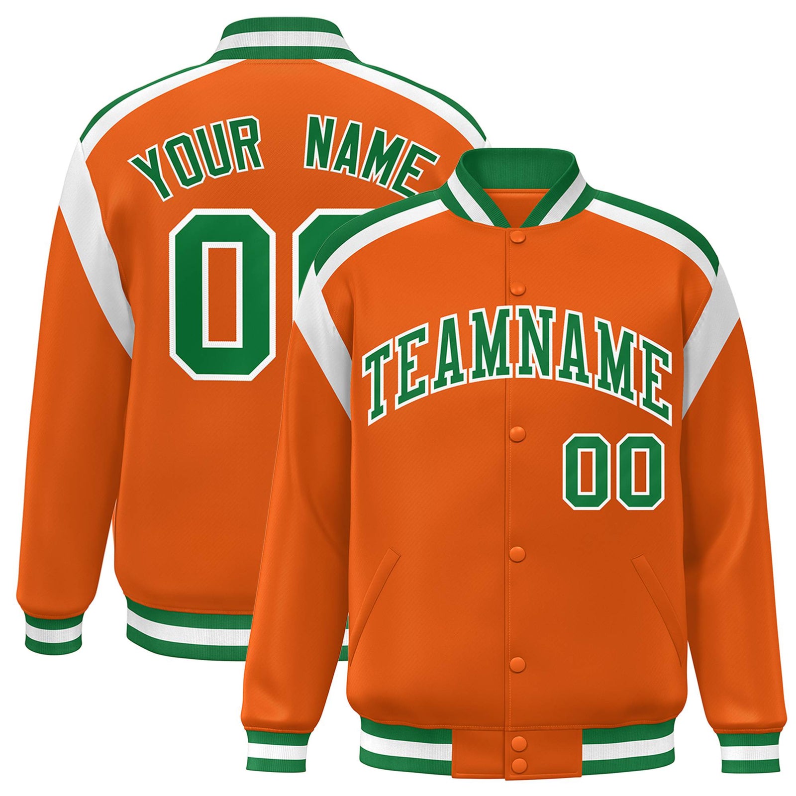 Custom Orange Green-White Bomber Full-Snap Varsity Letterman Shoulder Stripe Jacket