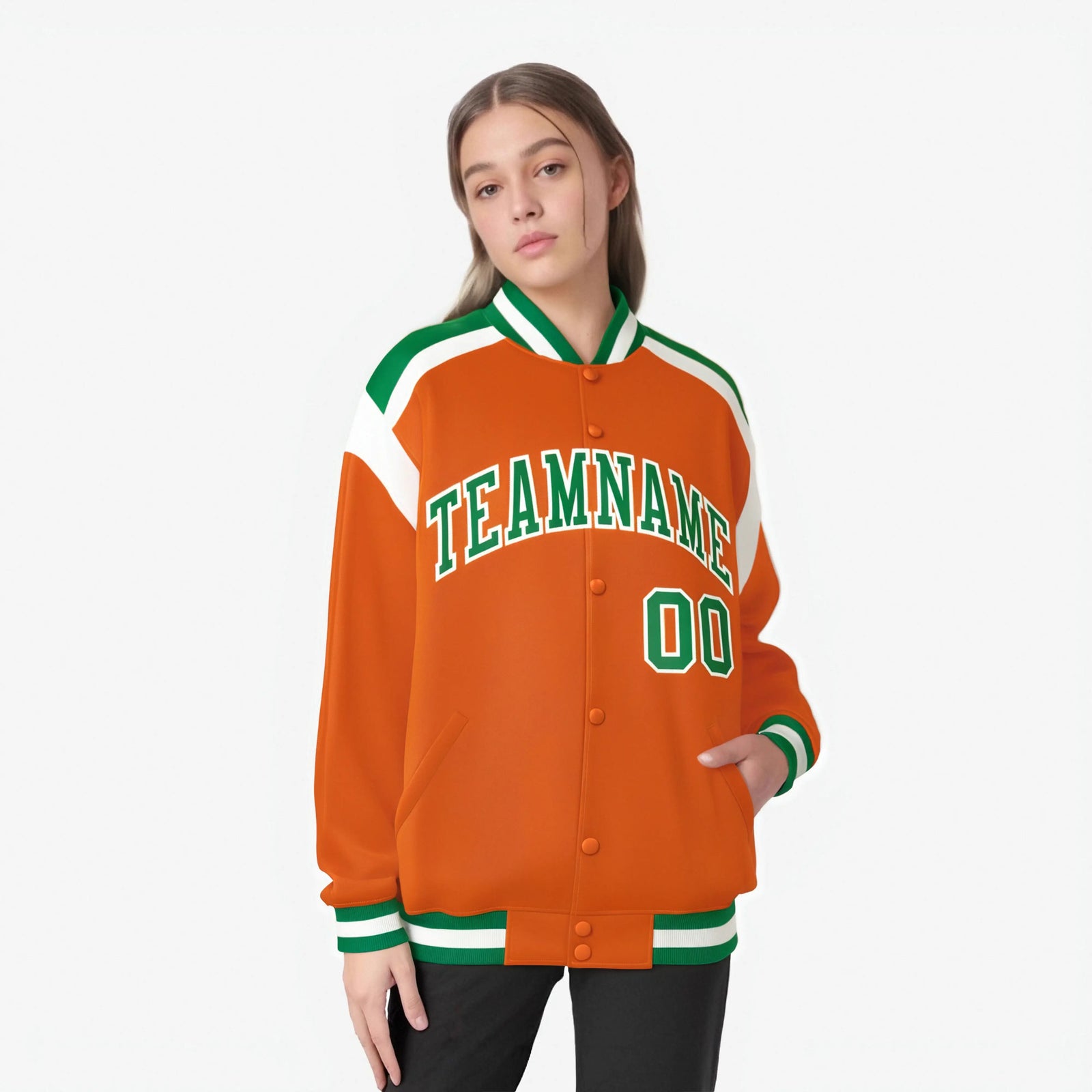 Custom Orange Green-White Bomber Full-Snap Varsity Letterman Shoulder Stripe Jacket