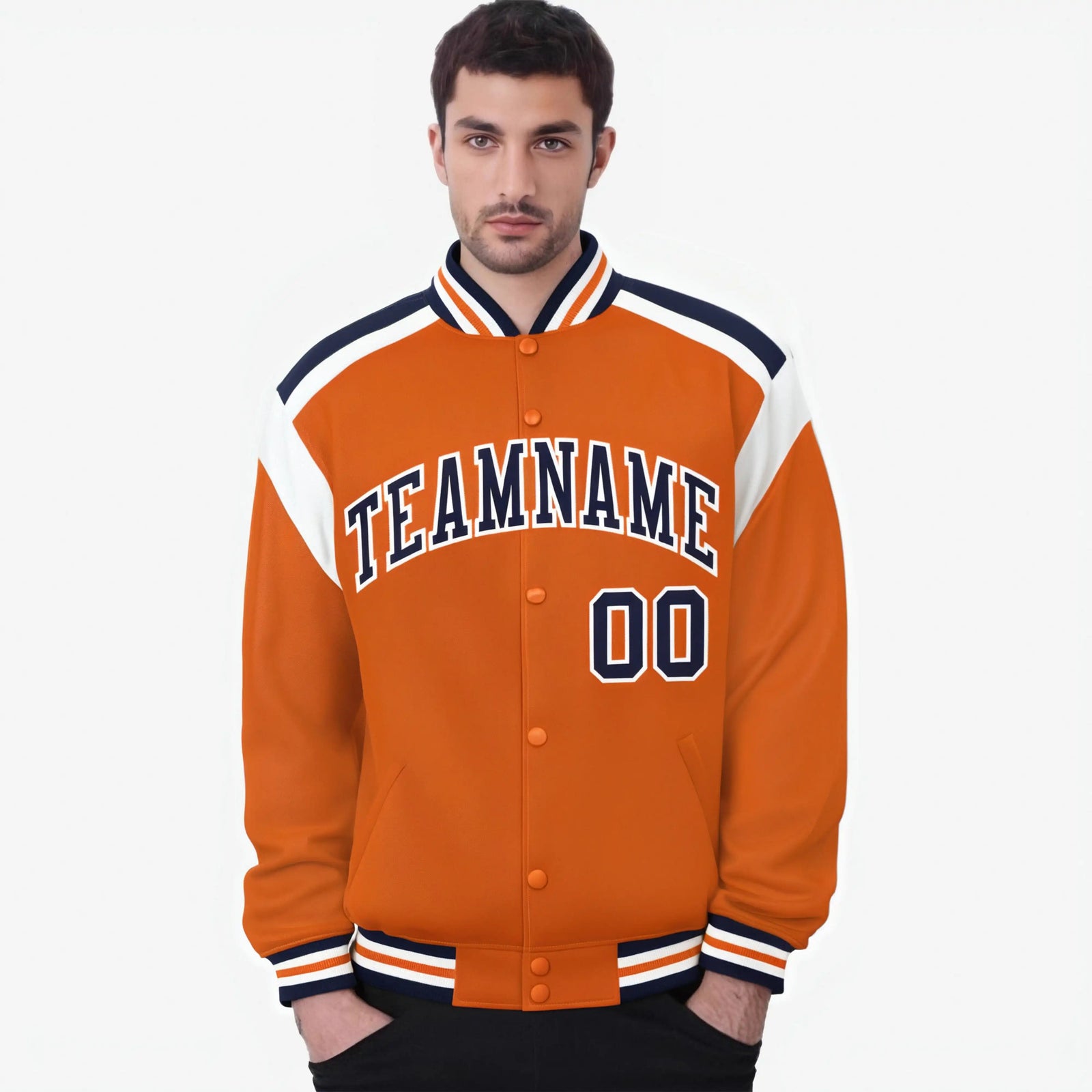 Custom Orange Navy-White Bomber Full-Snap Varsity Letterman Shoulder Stripe Jacket