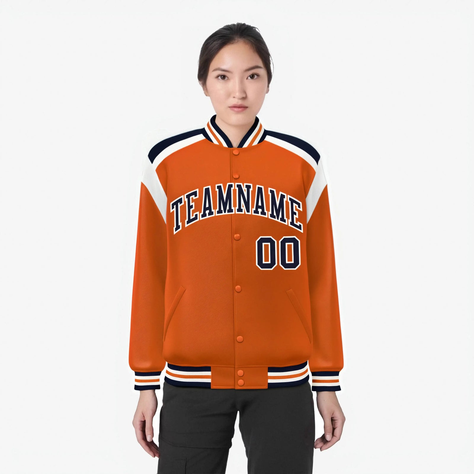 Custom Orange Navy-White Bomber Full-Snap Varsity Letterman Shoulder Stripe Jacket
