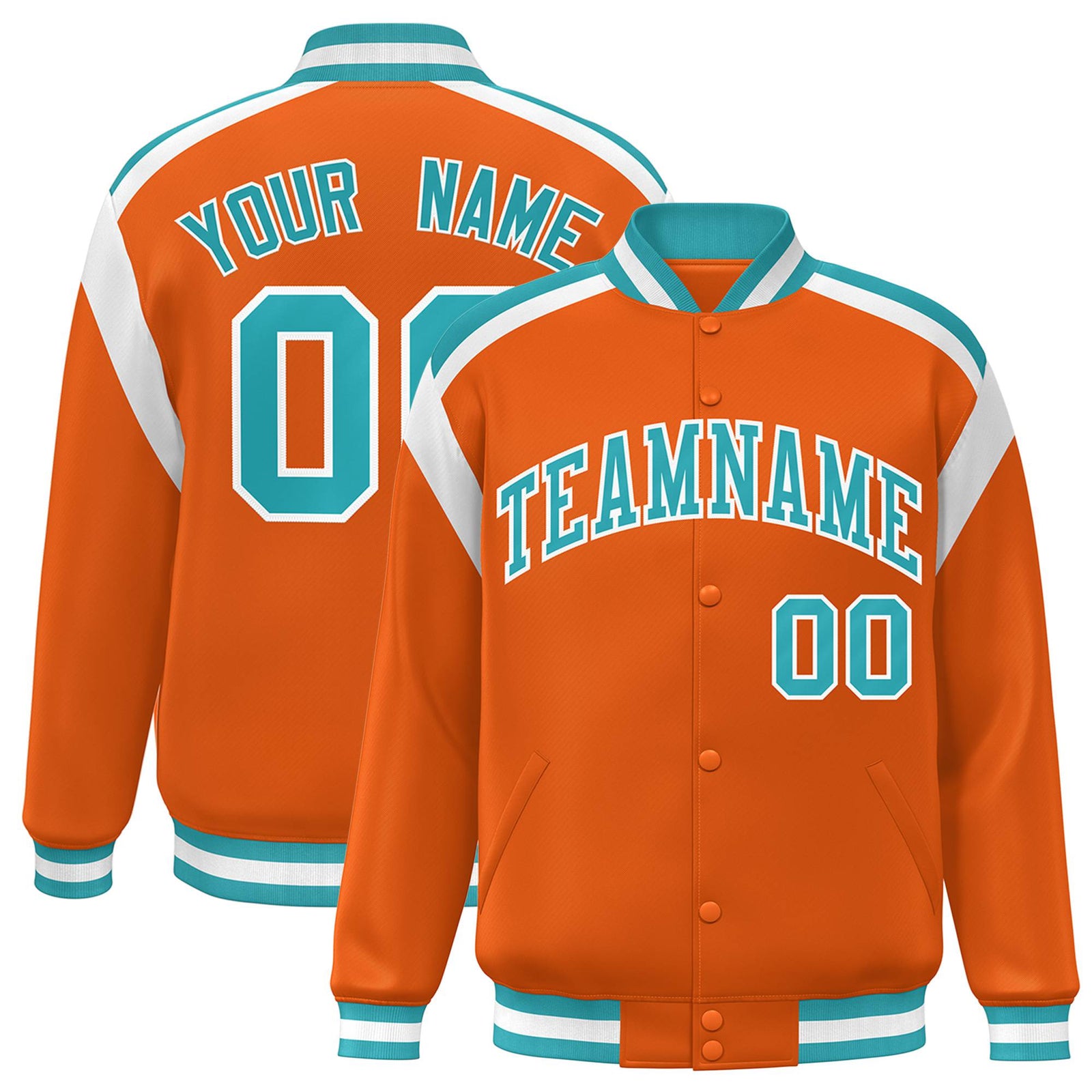 Custom Orange Aqua-White Bomber Full-Snap Varsity Letterman Shoulder Stripe Jacket