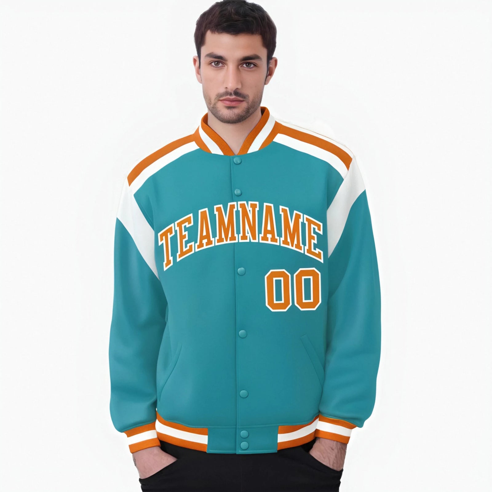 Custom Aqua Orange-White Bomber Full-Snap Varsity Letterman Shoulder Stripe Jacket
