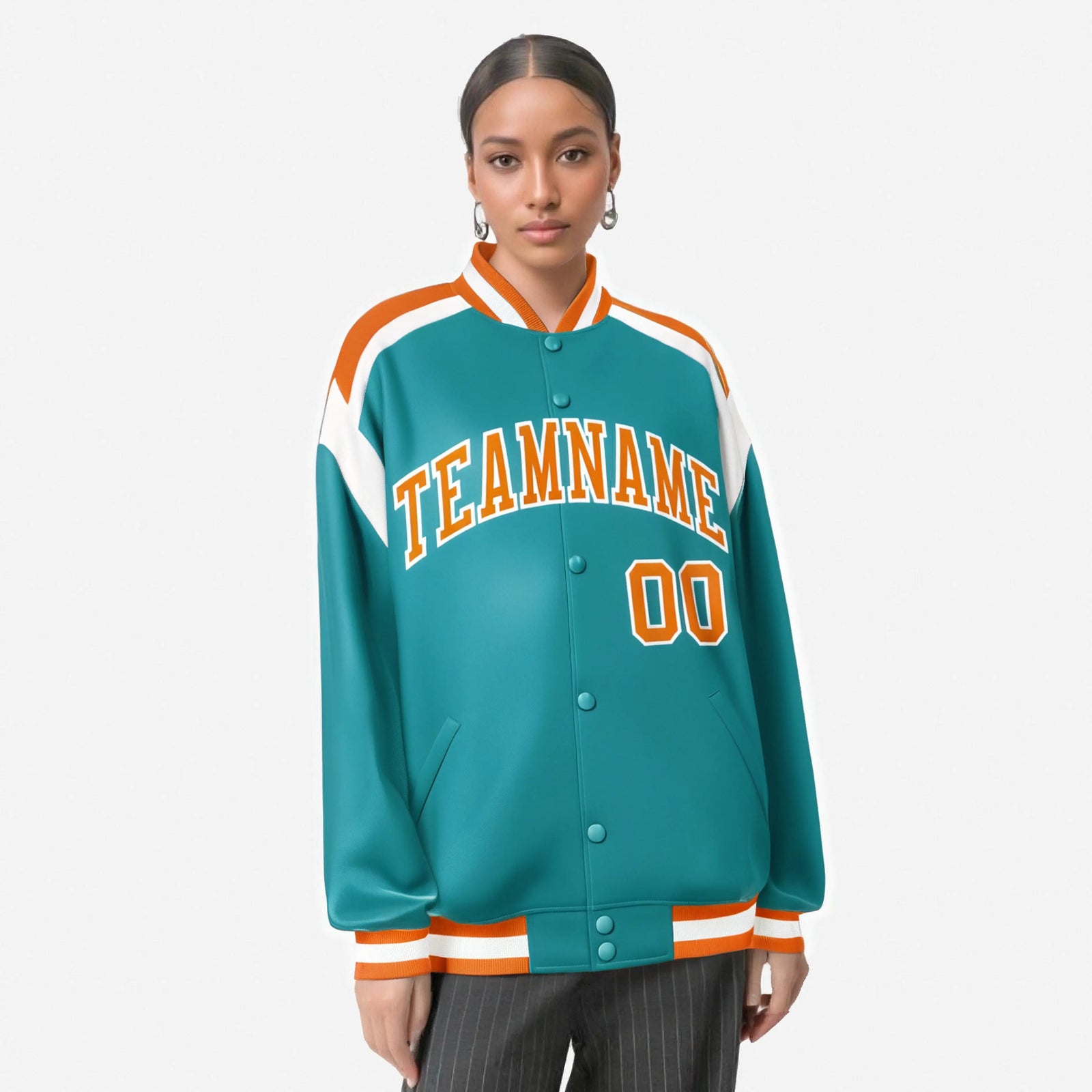 Custom Aqua Orange-White Bomber Full-Snap Varsity Letterman Shoulder Stripe Jacket