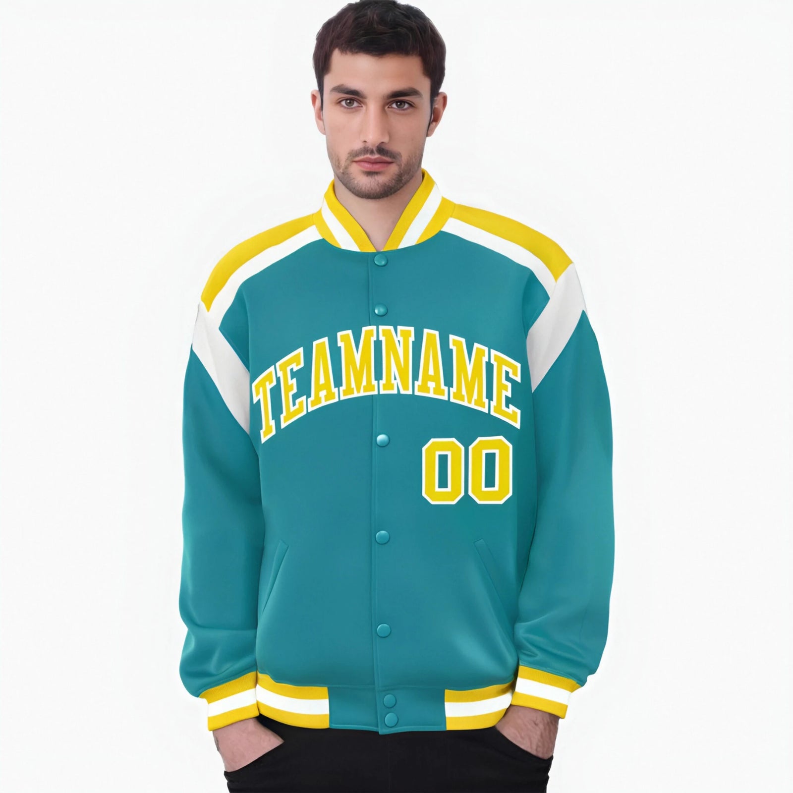 Custom Aqua Yellow-White Bomber Full-Snap Varsity Letterman Shoulder Stripe Jacket