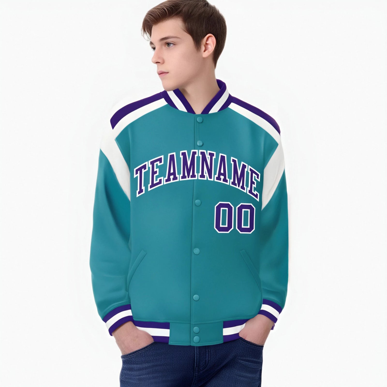 Custom Aqua Purple-White Bomber Full-Snap Varsity Letterman Shoulder Stripe Jacket