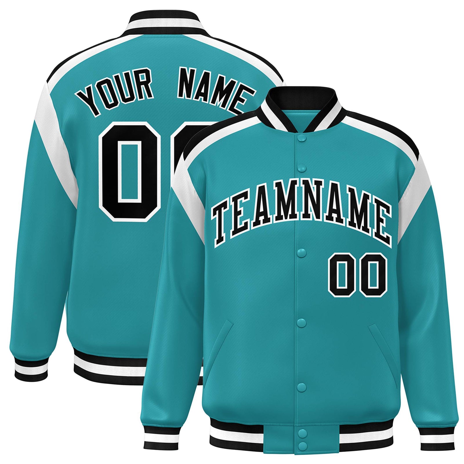Custom Aqua Black-White Bomber Full-Snap Varsity Letterman Shoulder Stripe Jacket