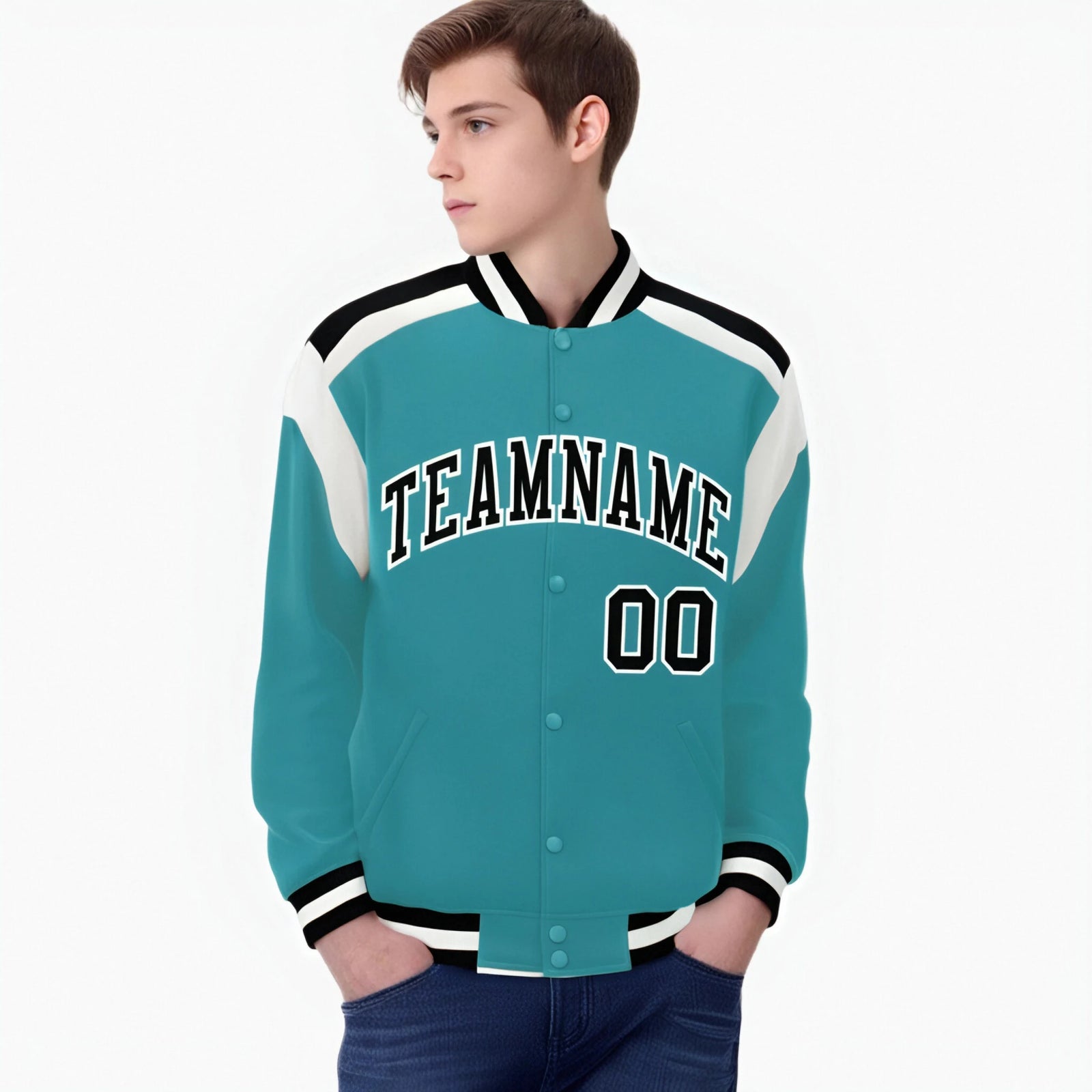 Custom Aqua Black-White Bomber Full-Snap Varsity Letterman Shoulder Stripe Jacket