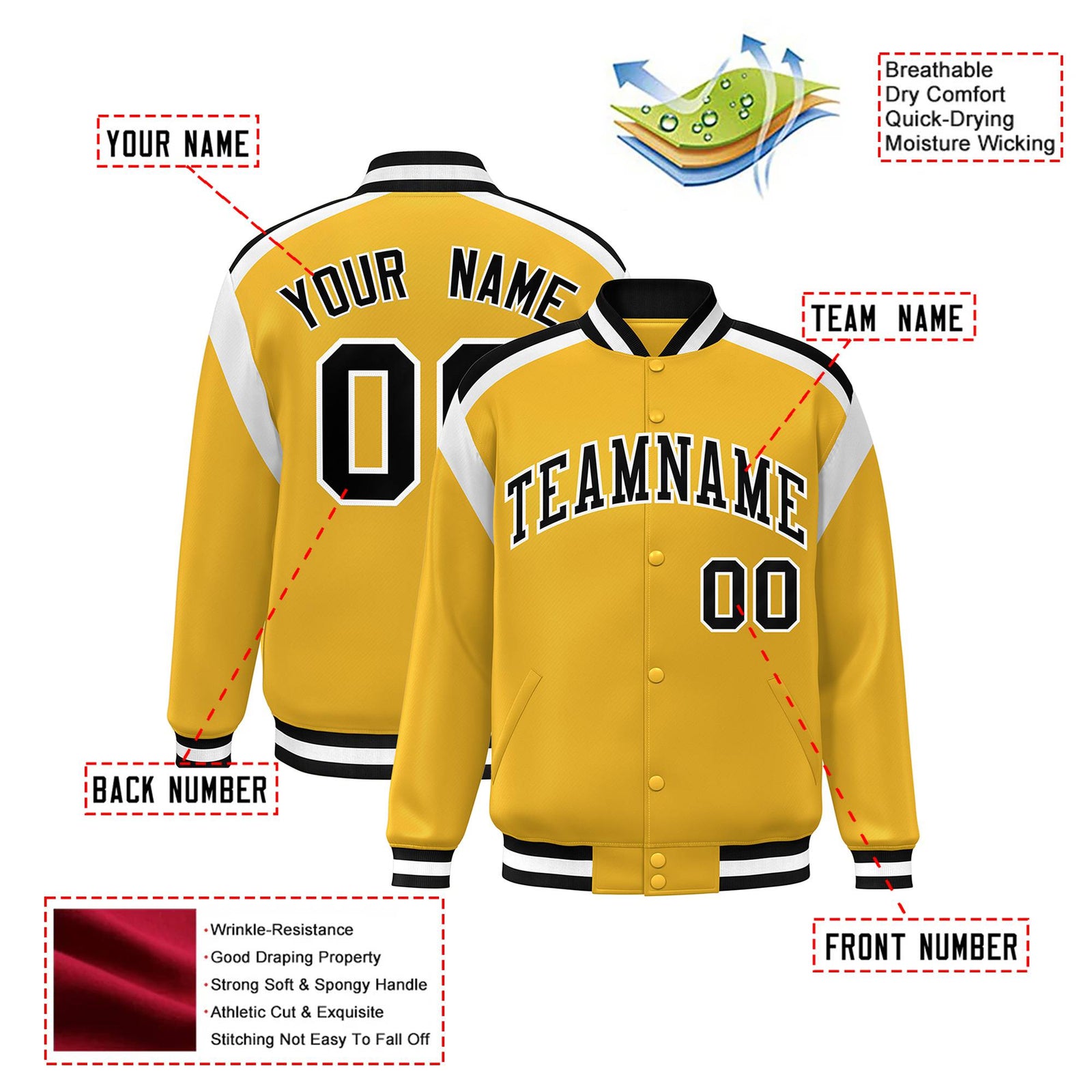 Custom Yellow Black-White Bomber Full-Snap Varsity Letterman Shoulder Stripe Jacket