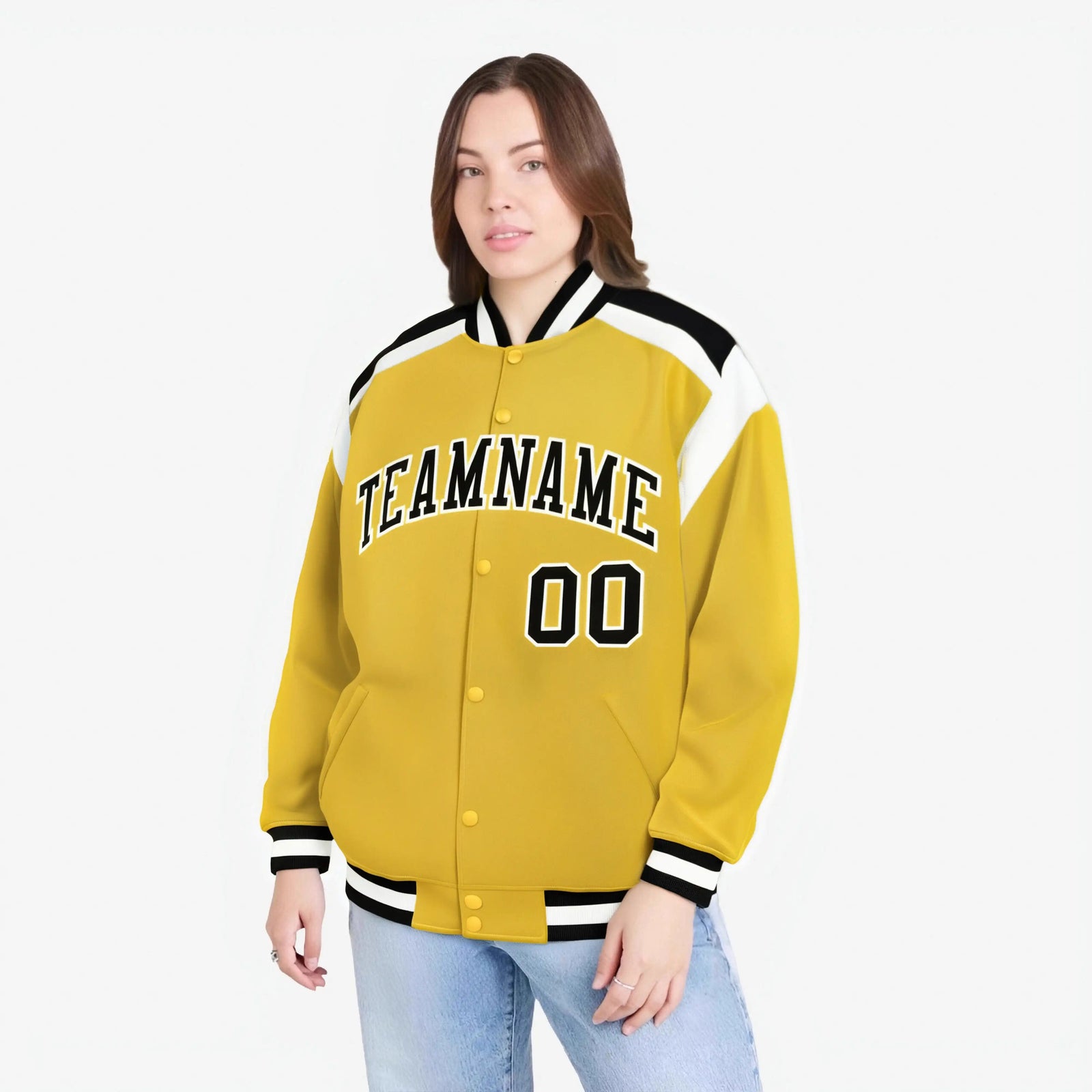 Custom Yellow Black-White Bomber Full-Snap Varsity Letterman Shoulder Stripe Jacket
